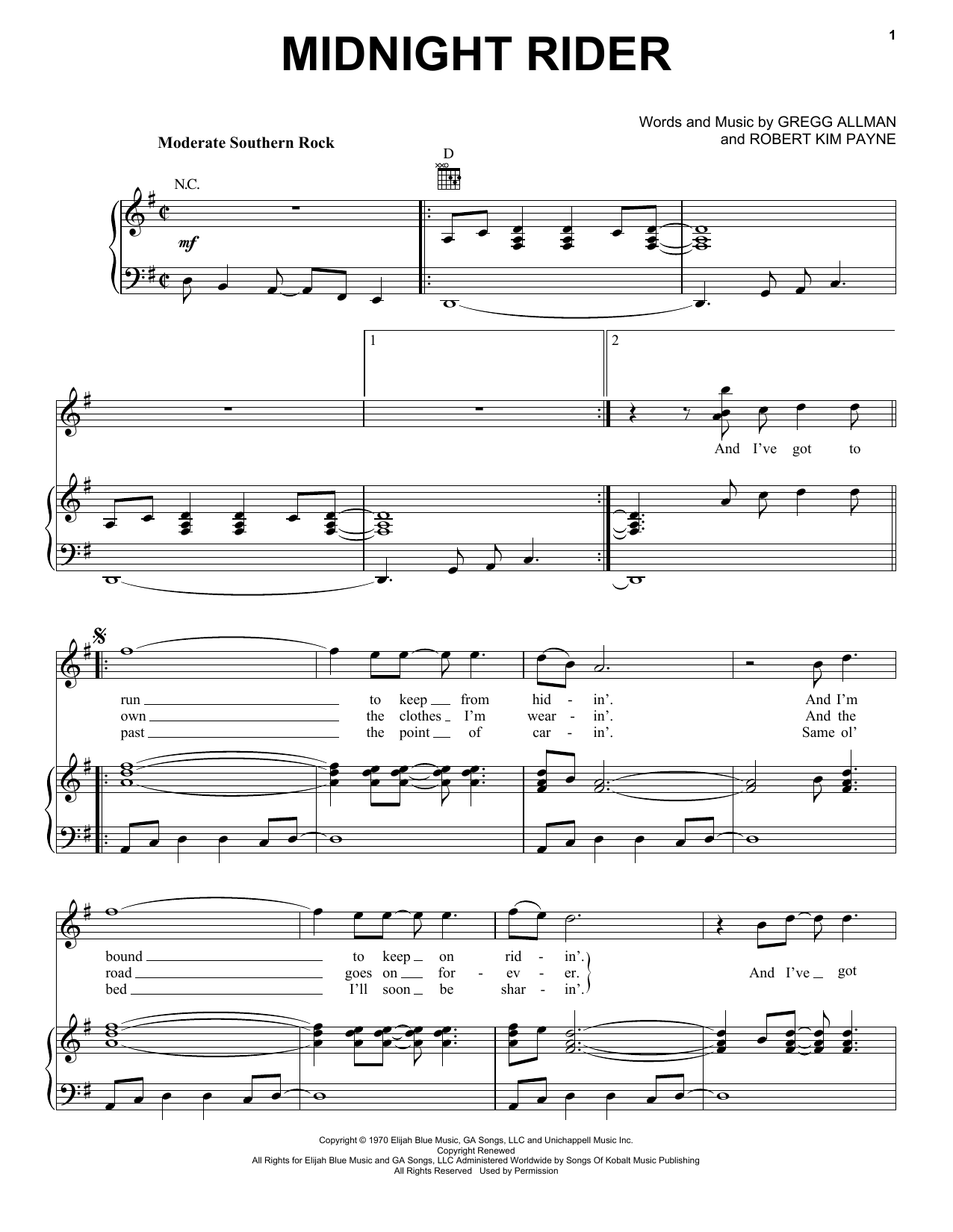 Allman Brothers Band Midnight Rider sheet music notes printable PDF score