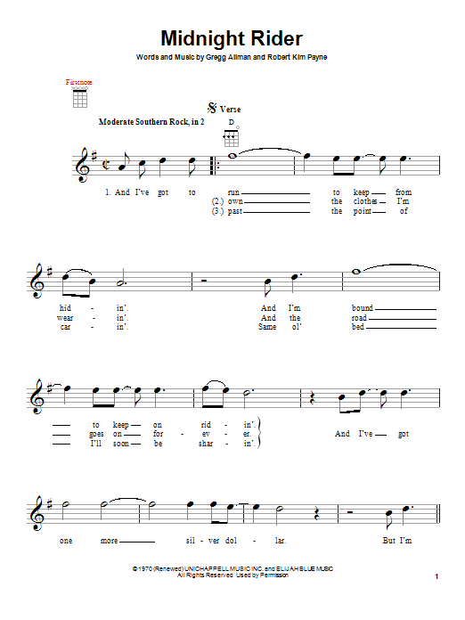 Download The Allman Brothers Band Midnight Rider Sheet Music