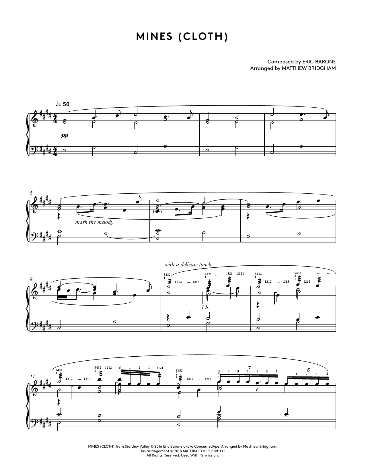 Download Eric Barone Mines (Cloth) (from Stardew Valley Pian Sheet Music