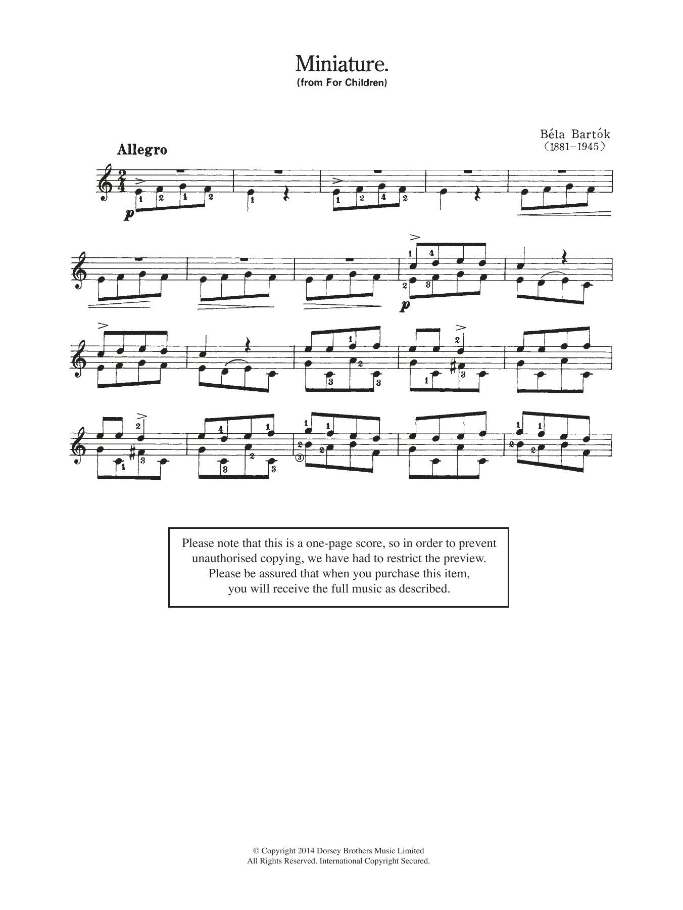 Download Bela Bartok Miniature (from 'For Children') Sheet Music