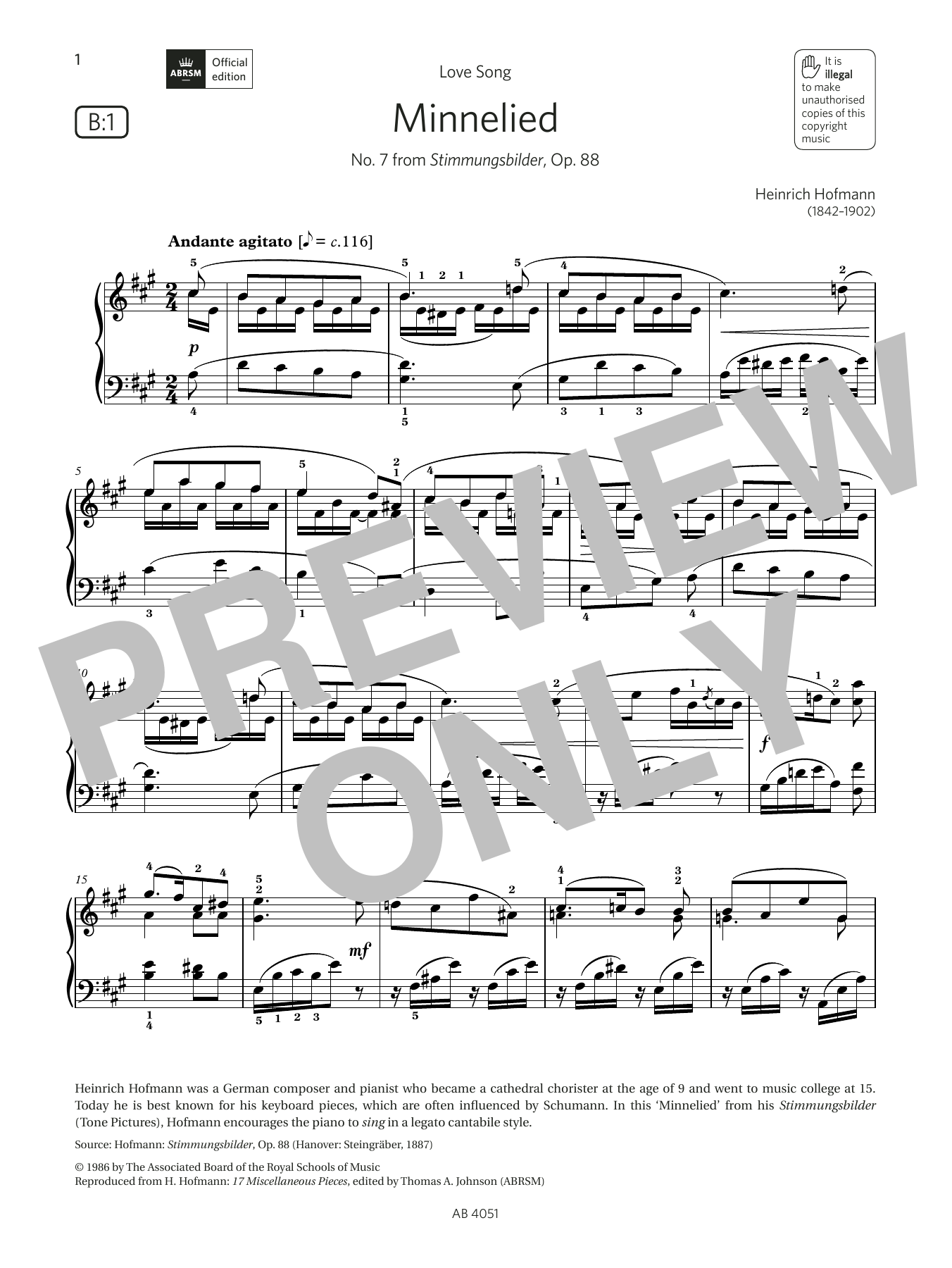 Download Heinrich Hofmann Minnelied (Grade 5, list B1, from the A Sheet Music