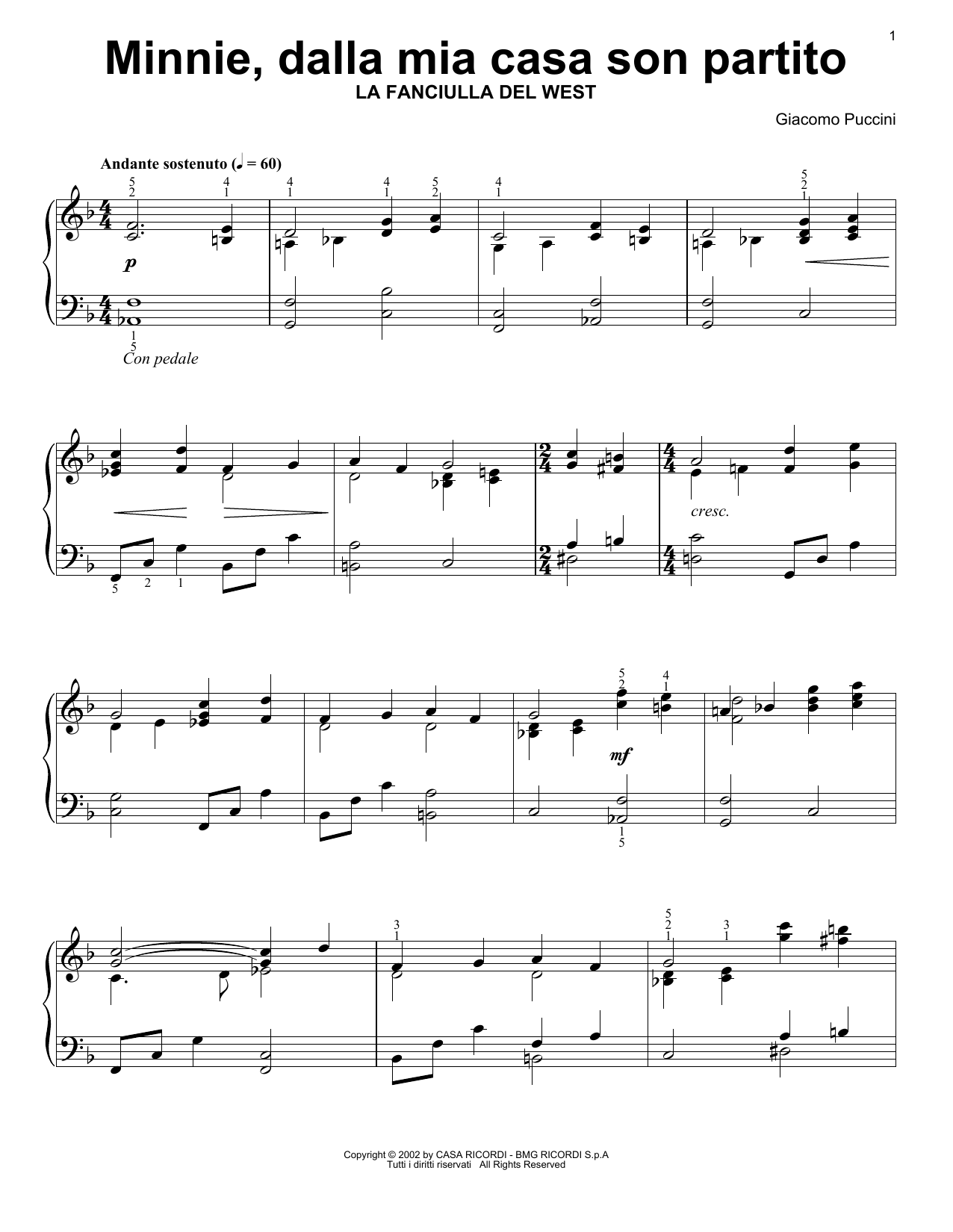 Giacomo Puccini Minnie, Dalla Mia Casa Son Partito sheet music notes printable PDF score
