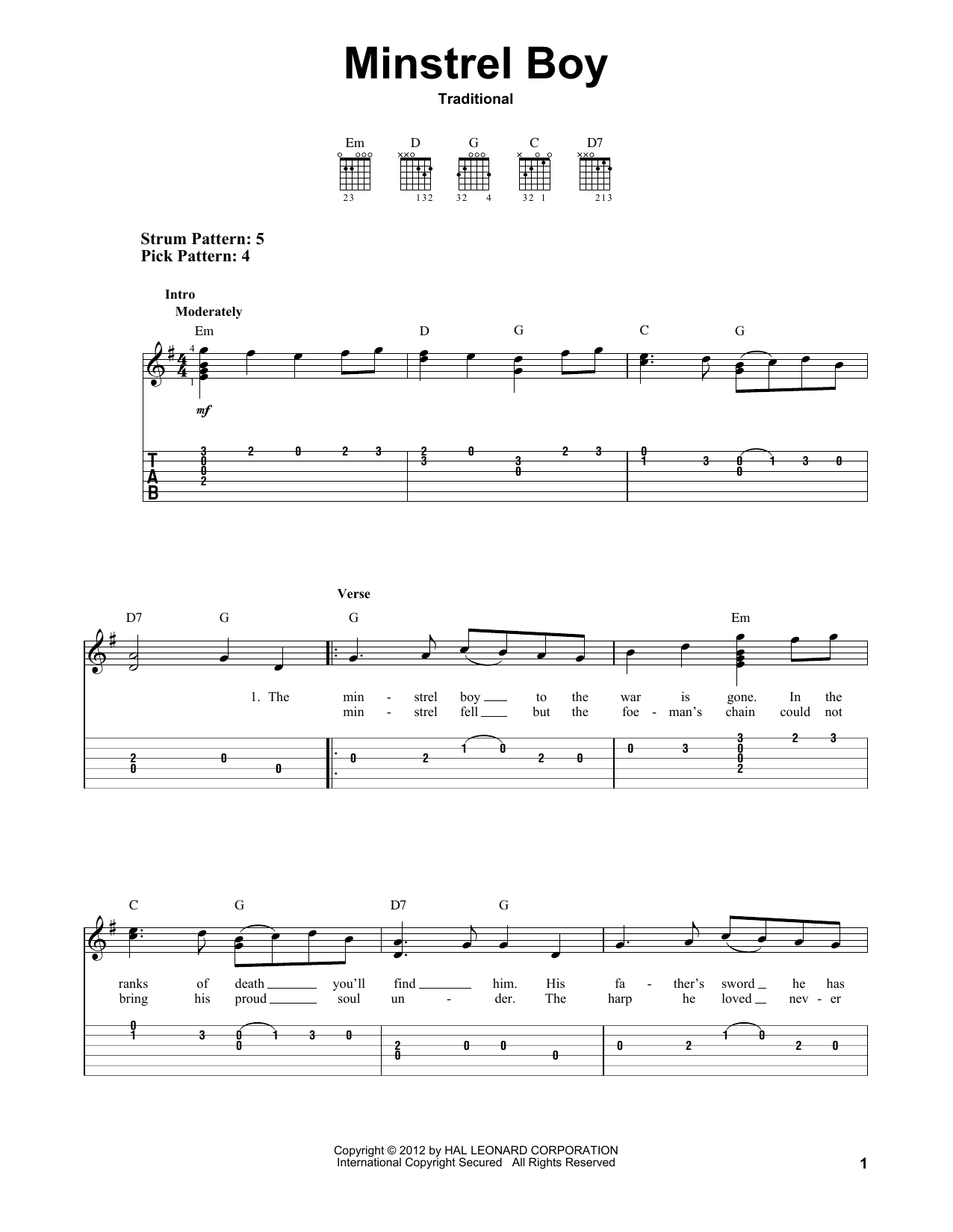 Download Traditional Minstrel Boy Sheet Music
