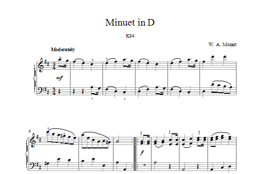 Download Wolfgang Amadeus Mozart Minuet in D K94 Sheet Music
