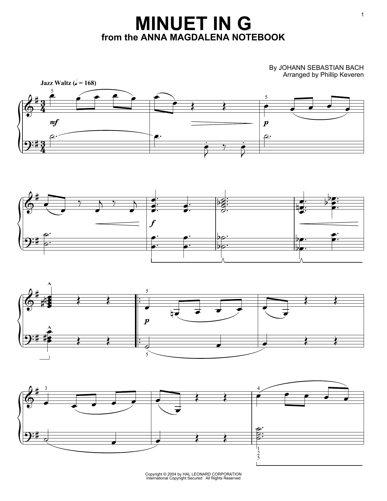 Download Johann Sebastian Bach Minuet In G [Jazz version] (arr. Philli Sheet Music