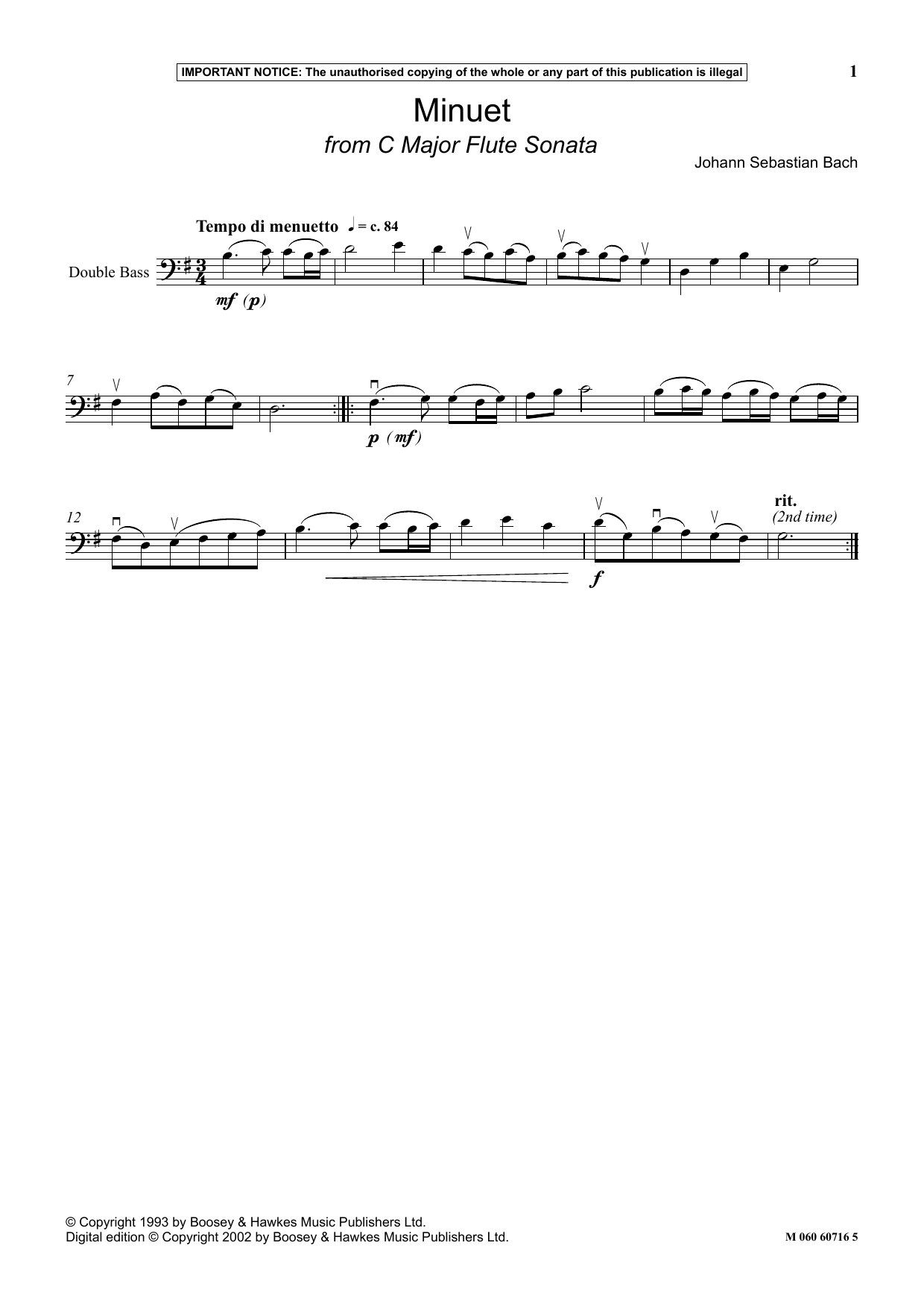 Download Johann Sebastian Bach Minuet (from C Major Flute Sonata) Sheet Music