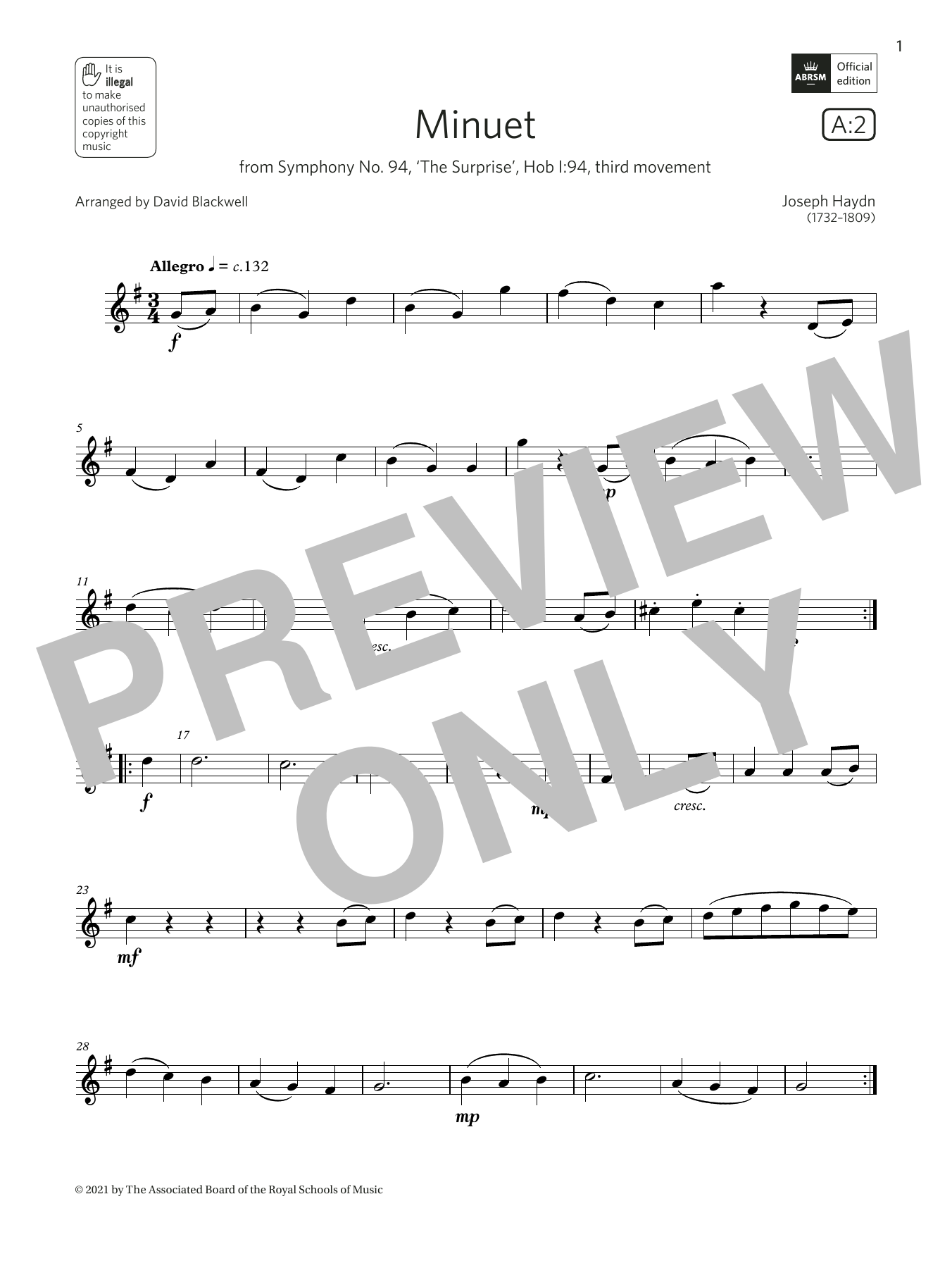 Download Joseph Haydn Minuet (from Symphony No. 94) (Grade 1 Sheet Music