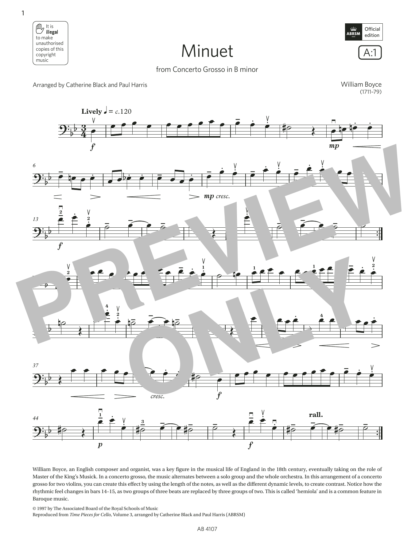 Download William Boyce Minuet (Grade 4, A1, from the ABRSM Cel Sheet Music