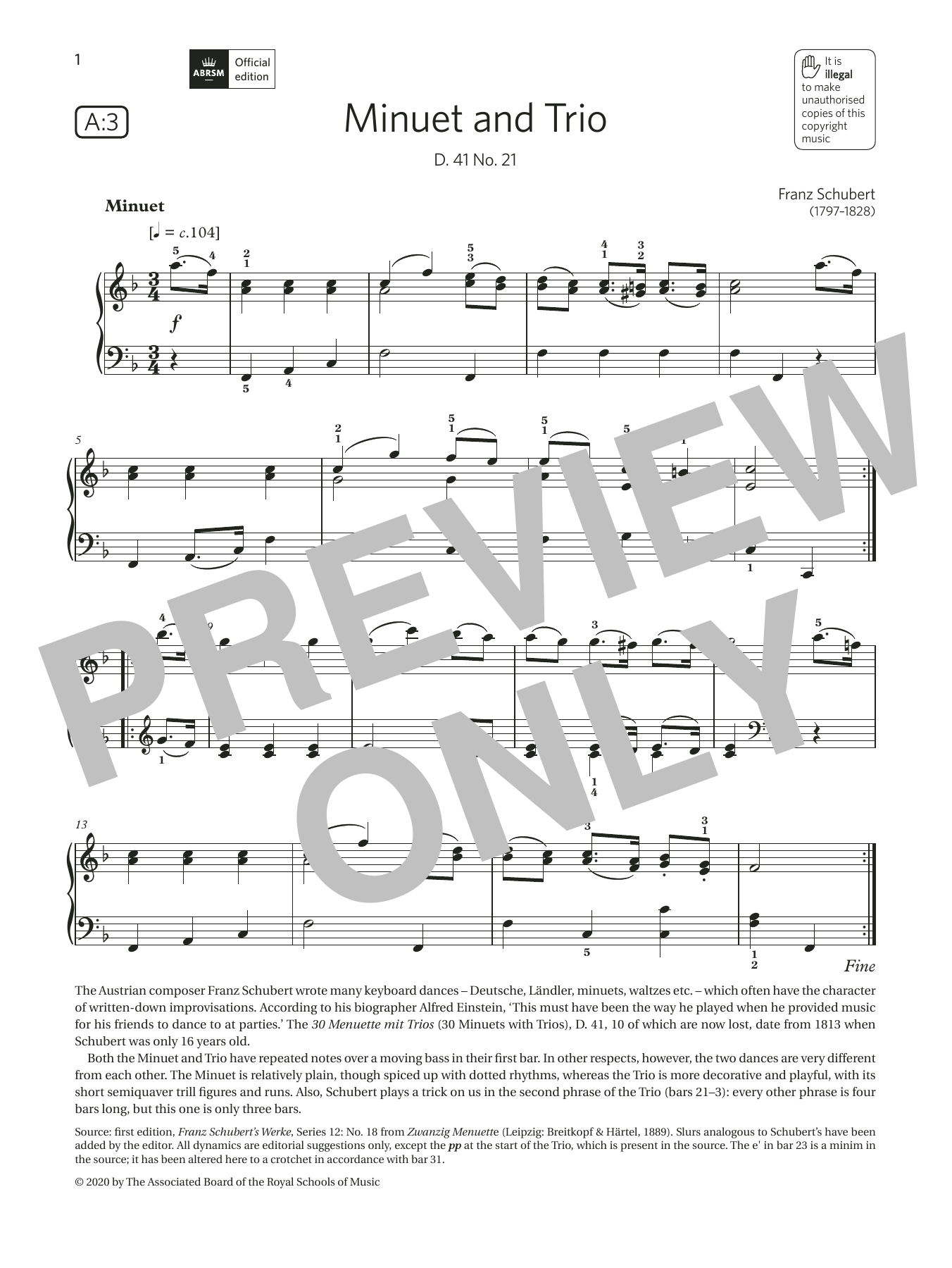 Download Franz Schubert Minuet and Trio (Grade 4, list A3, from Sheet Music