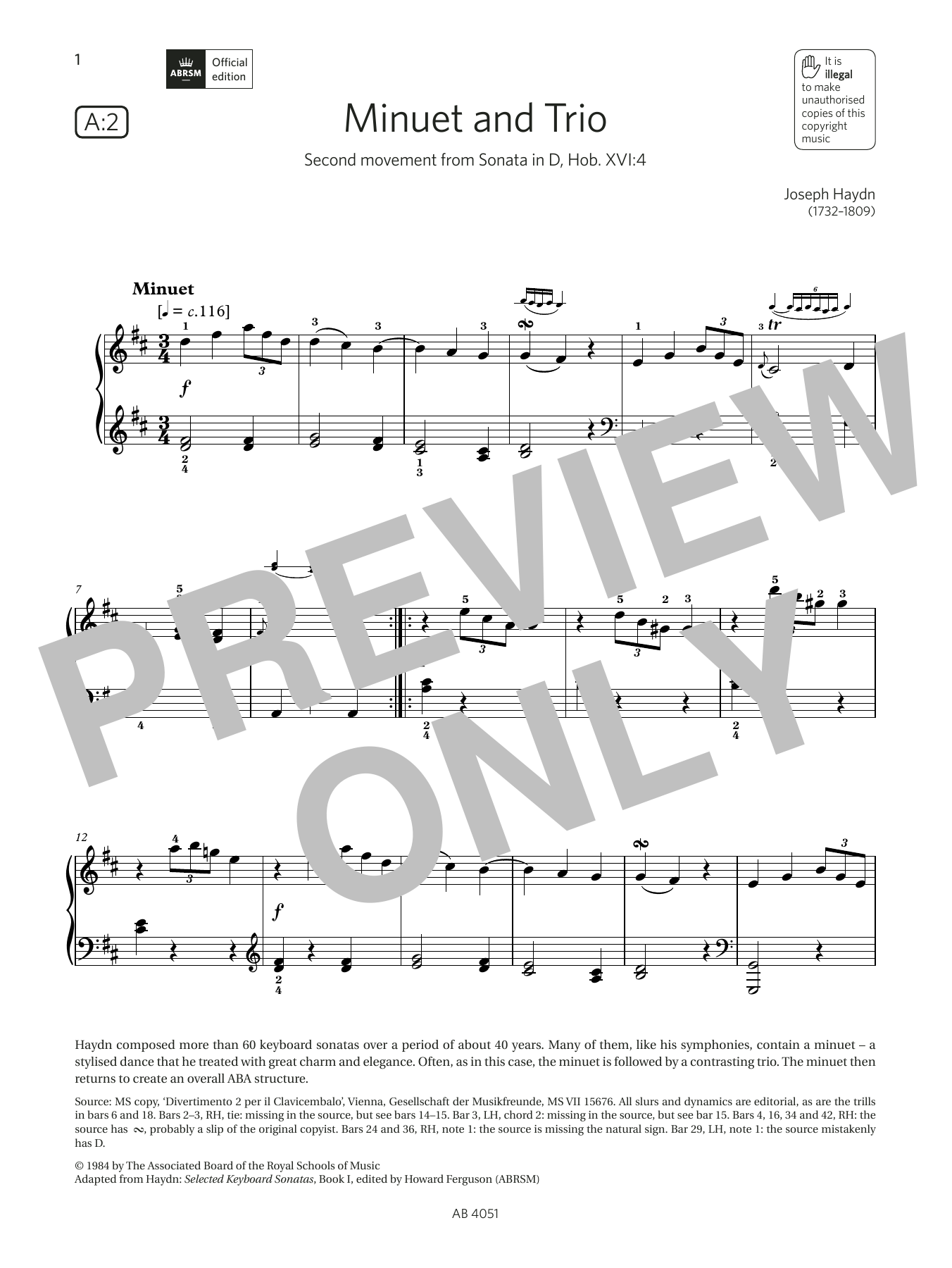 Download Joseph Haydn Minuet and Trio (Grade 5, list A2, from Sheet Music