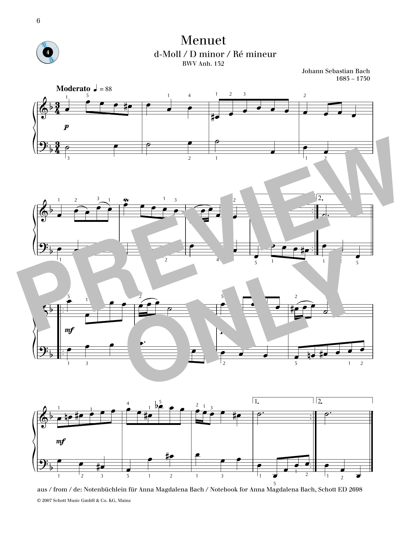 Download Johann Sebastian Bach Minuet D minor Sheet Music
