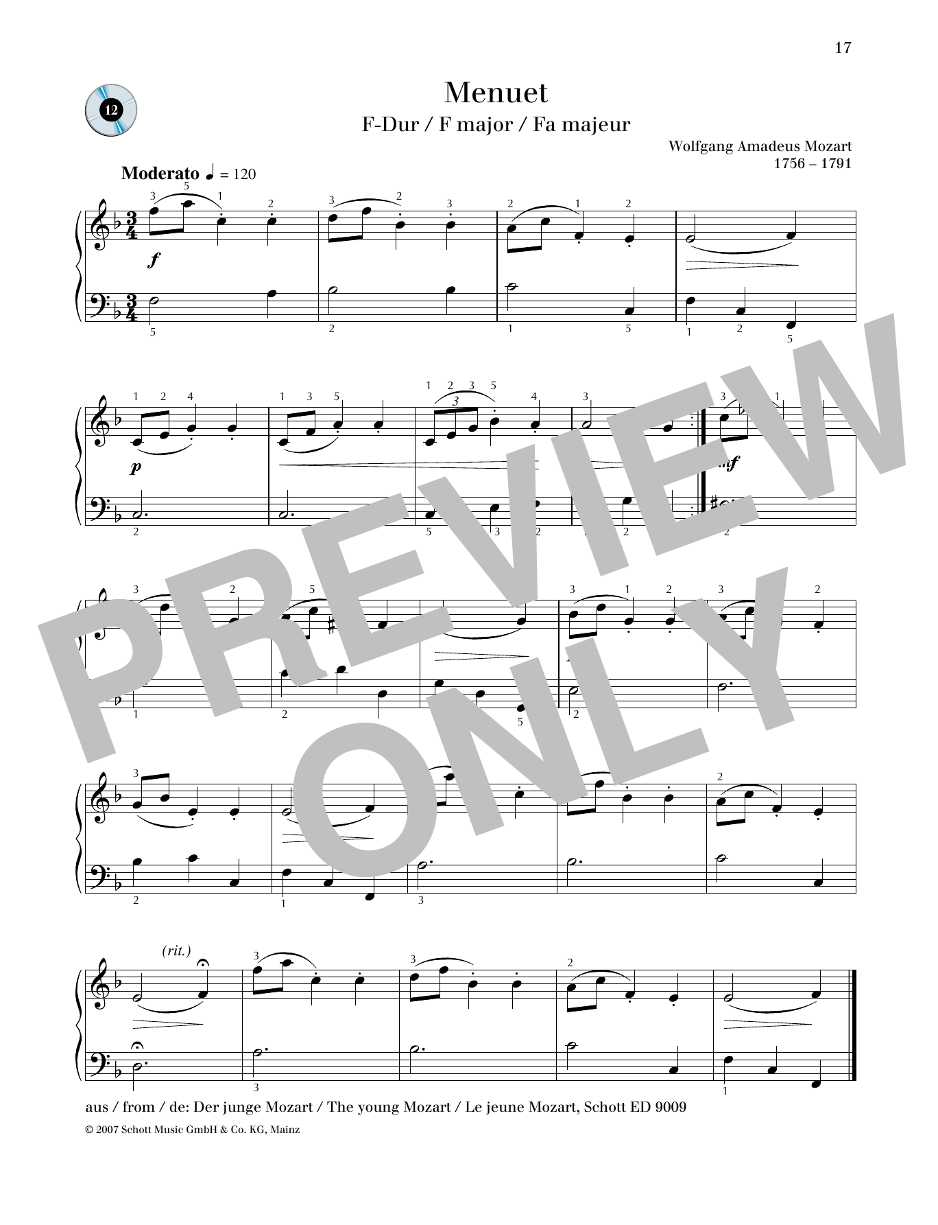 Download Wolfgang Amadeus Mozart Minuet F major Sheet Music