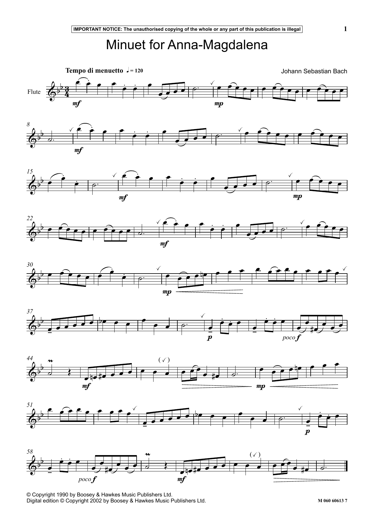 Download Johann Sebastian Bach Minuet For Anna Magdalena Sheet Music