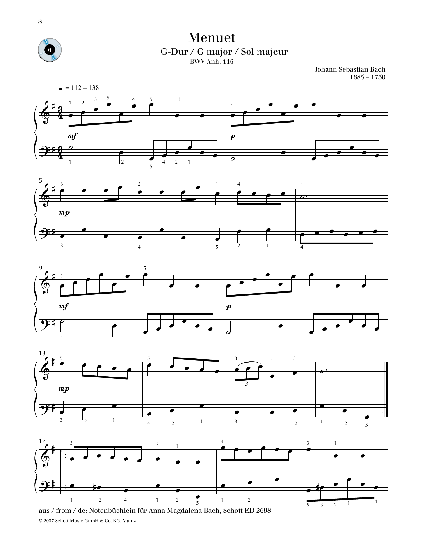 Download Johann Sebastian Bach Minuet G major Sheet Music