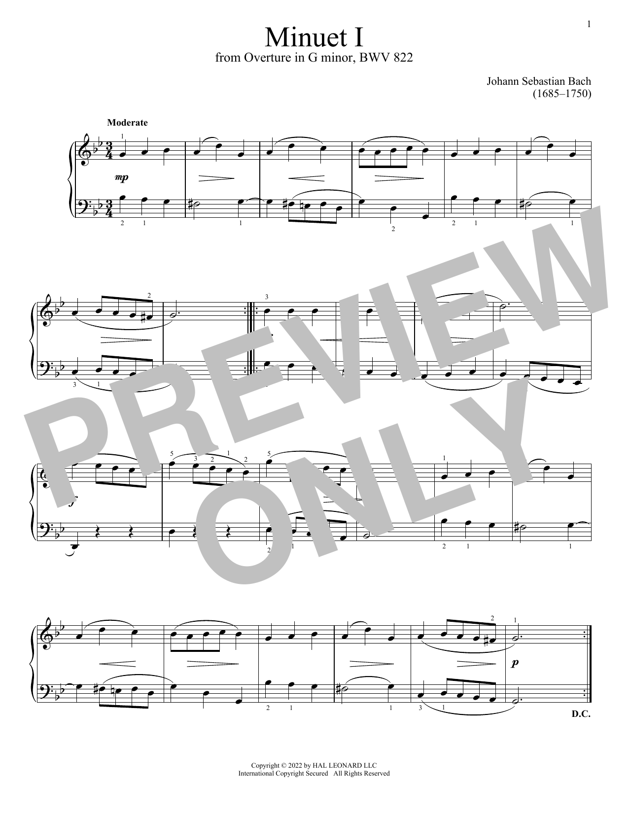 Download Johann Sebastian Bach Minuet I In G Minor, BWV 822 Sheet Music