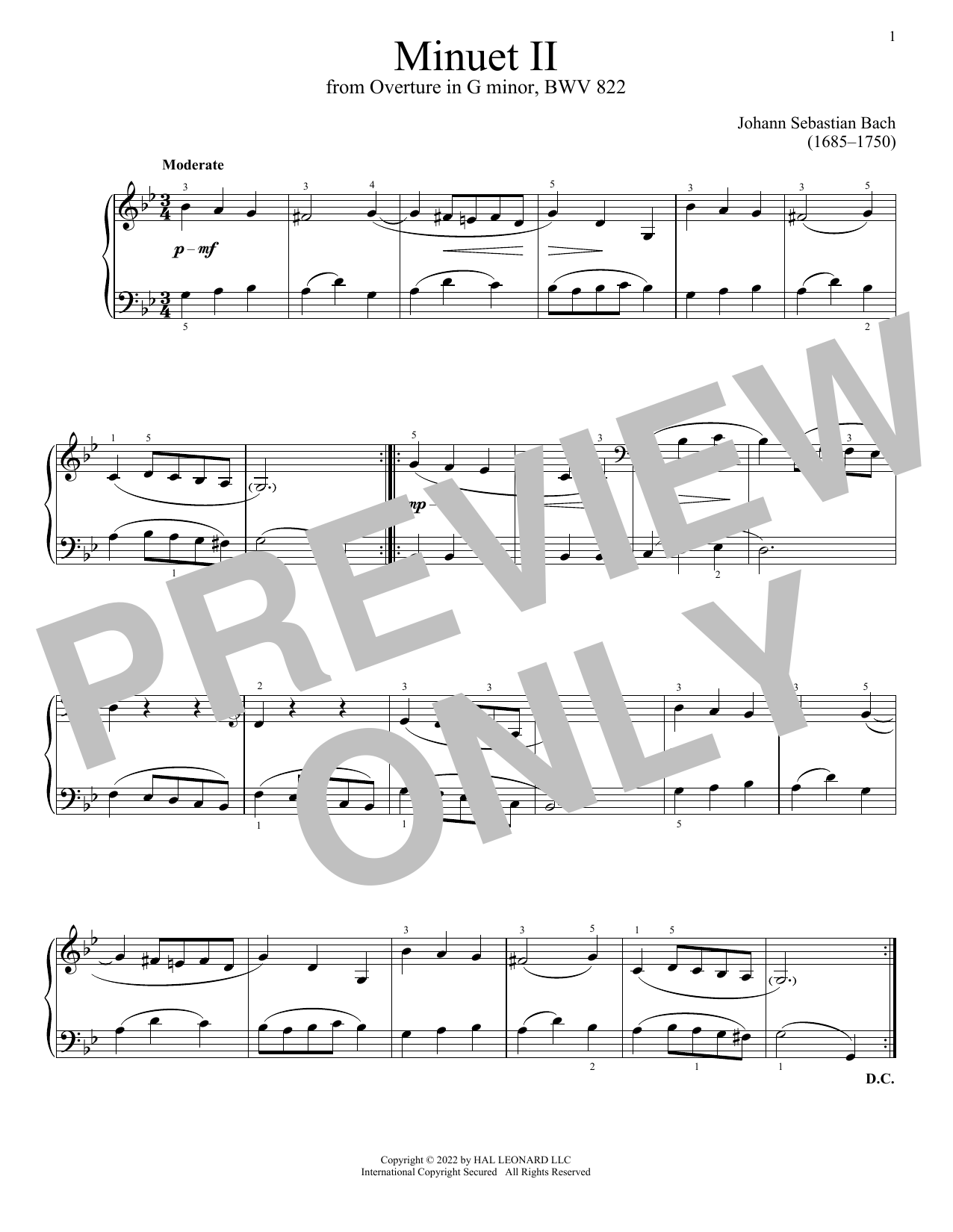 Download Johann Sebastian Bach Minuet II In G Minor, BWV 822 Sheet Music