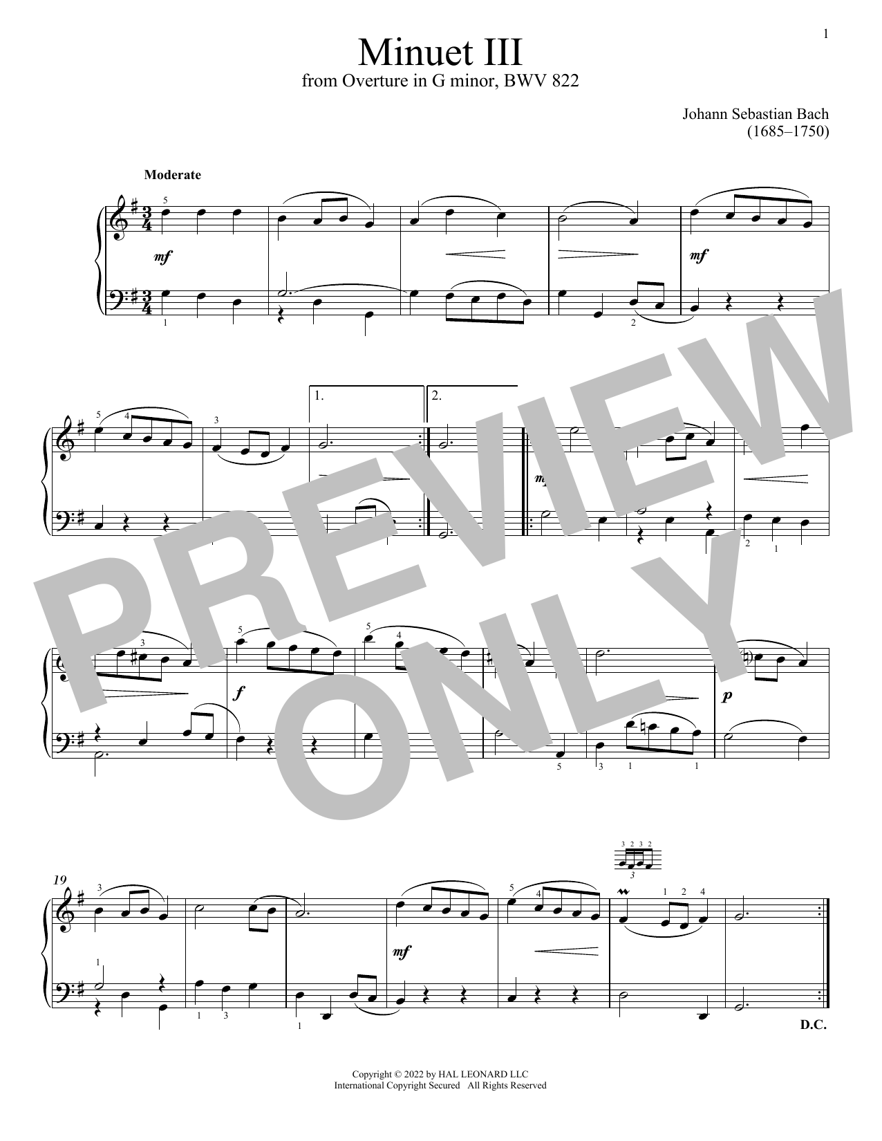Download Johann Sebastian Bach Minuet III In G Minor, BWV 822 Sheet Music