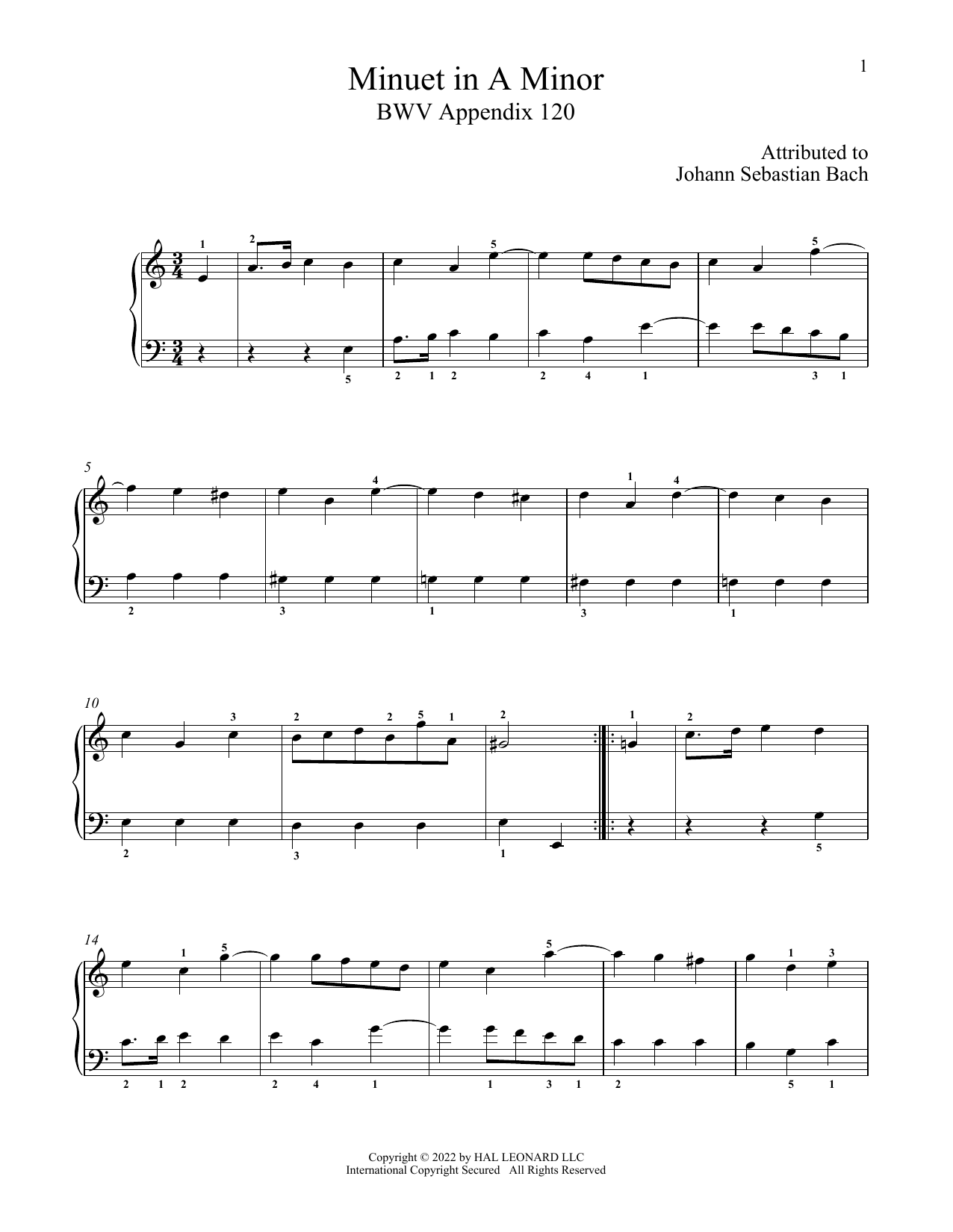 Download Johann Sebastian Bach Minuet In A Minor, Anh. 120 Sheet Music