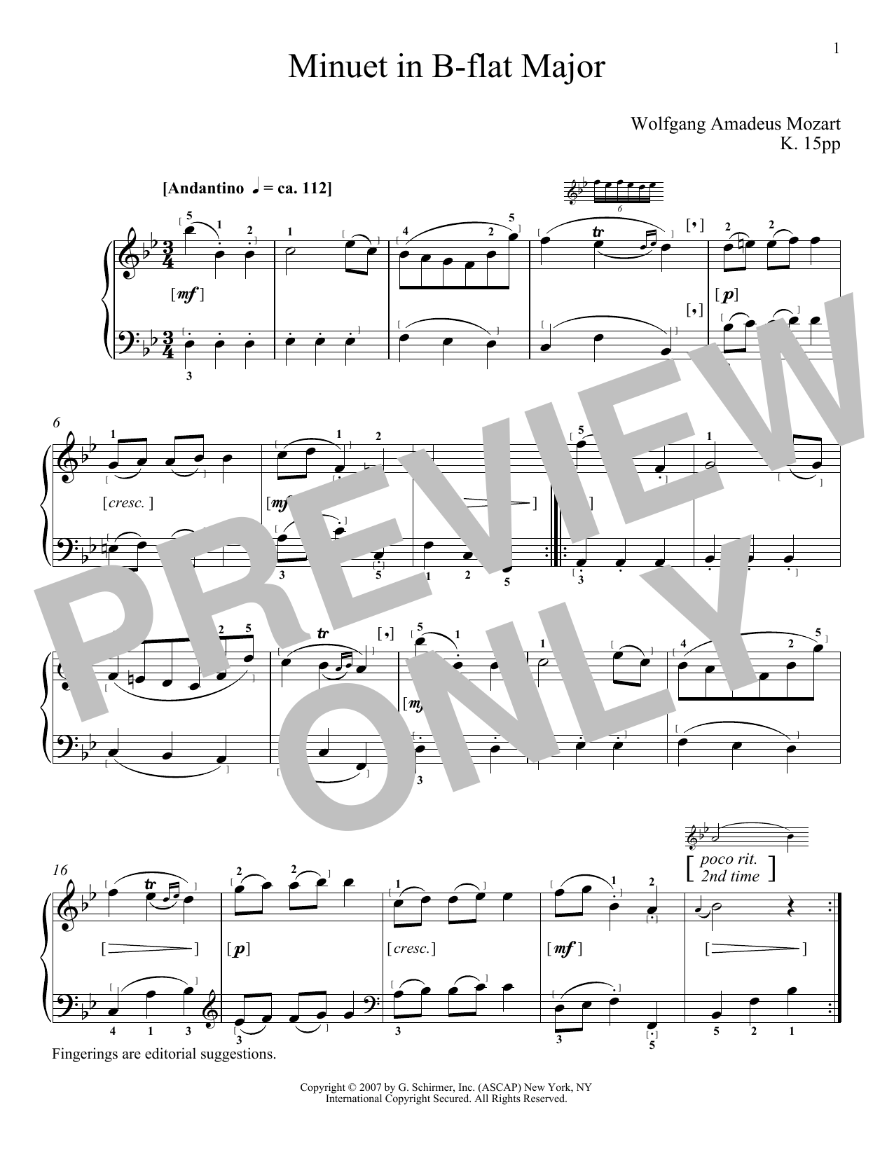 Download Wolfgang Amadeus Mozart Minuet In B-Flat Major, KV 15pp Sheet Music