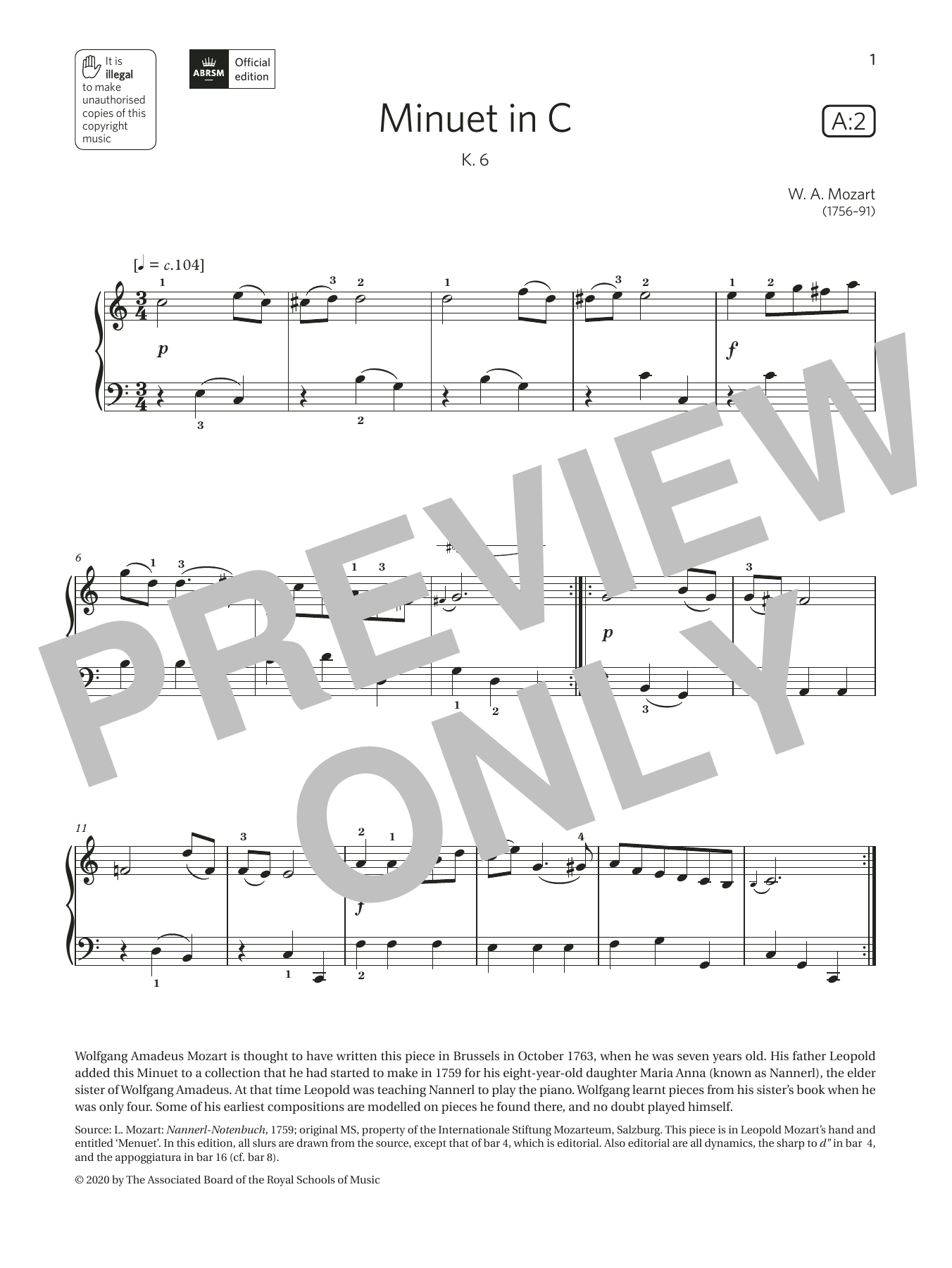 Download W. A. Mozart Minuet in C (Grade 1, list A2, from the Sheet Music
