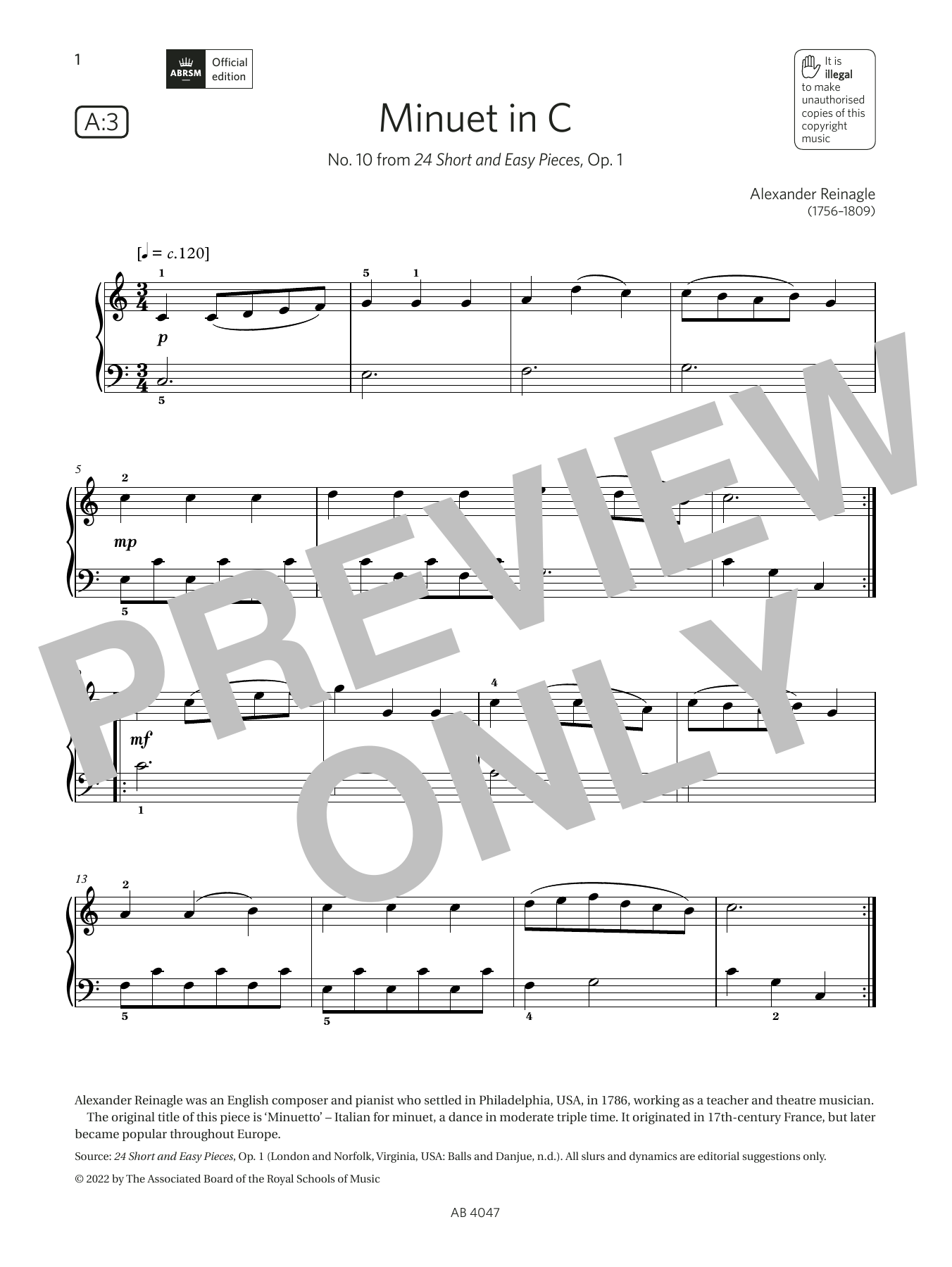 Download Alexander Reinagle Minuet in C (Grade 1, list A3, from the Sheet Music