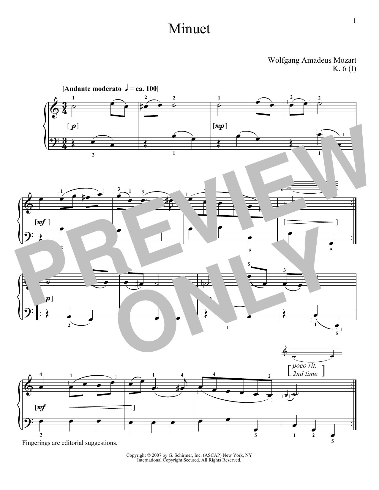 Download Wolfgang Amadeus Mozart Minuet In C Major, K. 6 Sheet Music