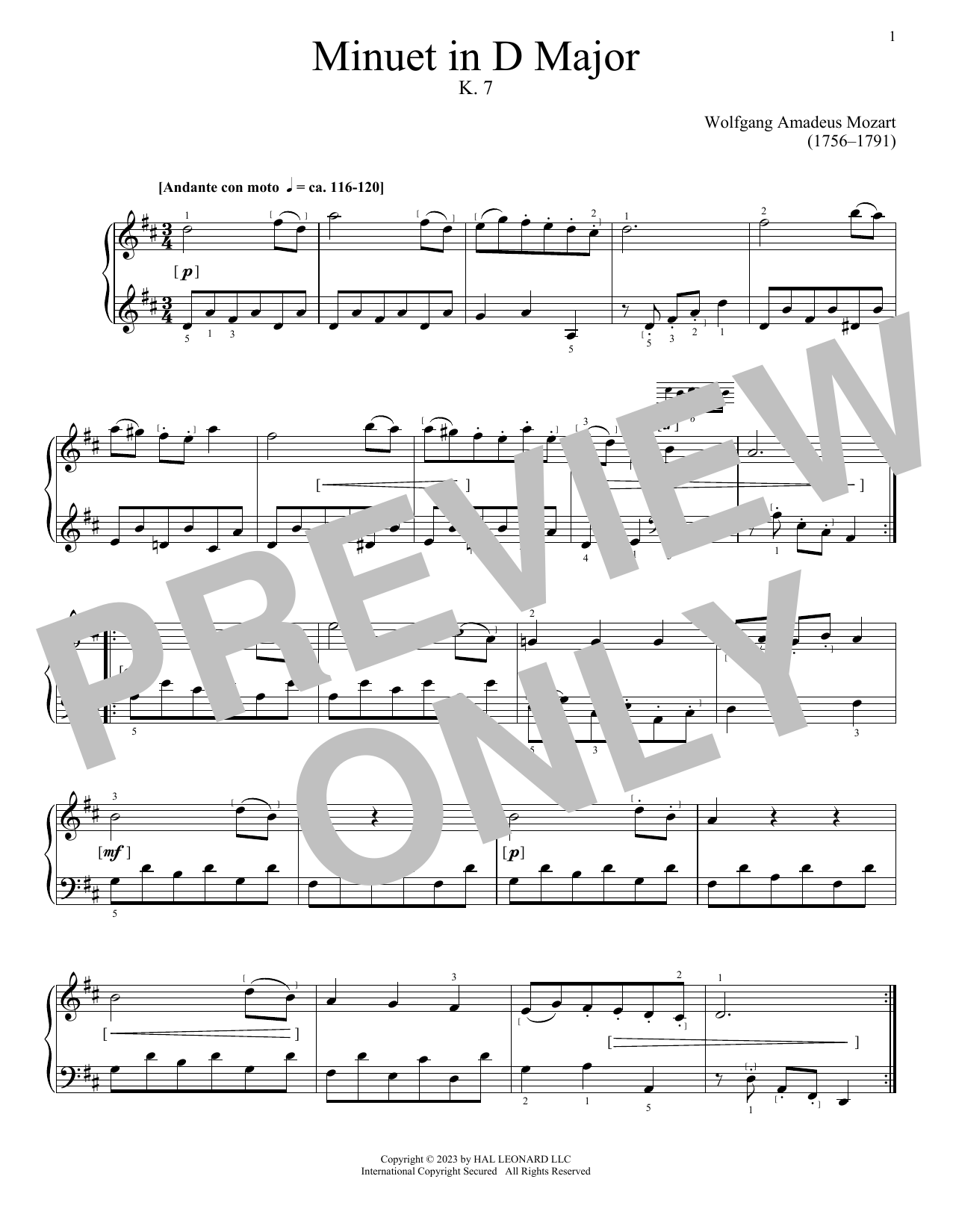 Download Wolfgang Amadeus Mozart Minuet In D, K. 7 Sheet Music