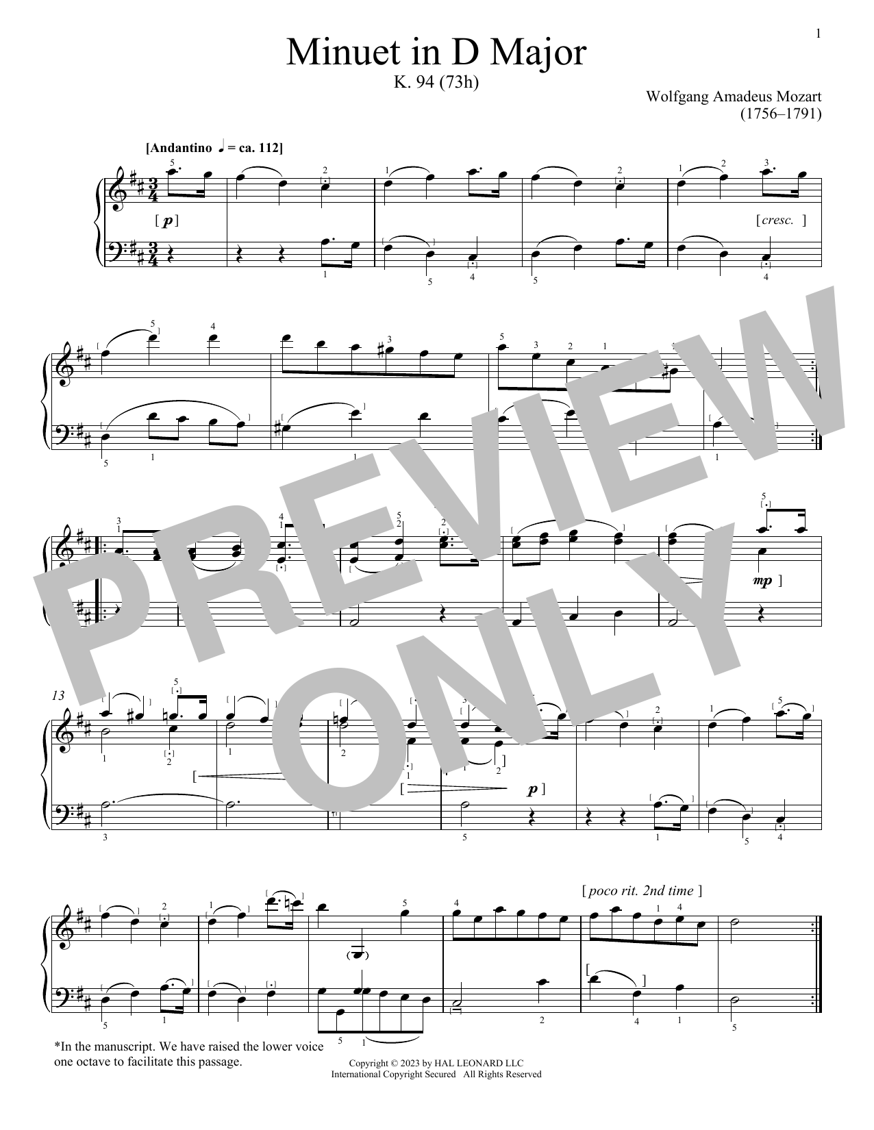 Download Wolfgang Amadeus Mozart Minuet in D Major, K. 94 (73h) Sheet Music