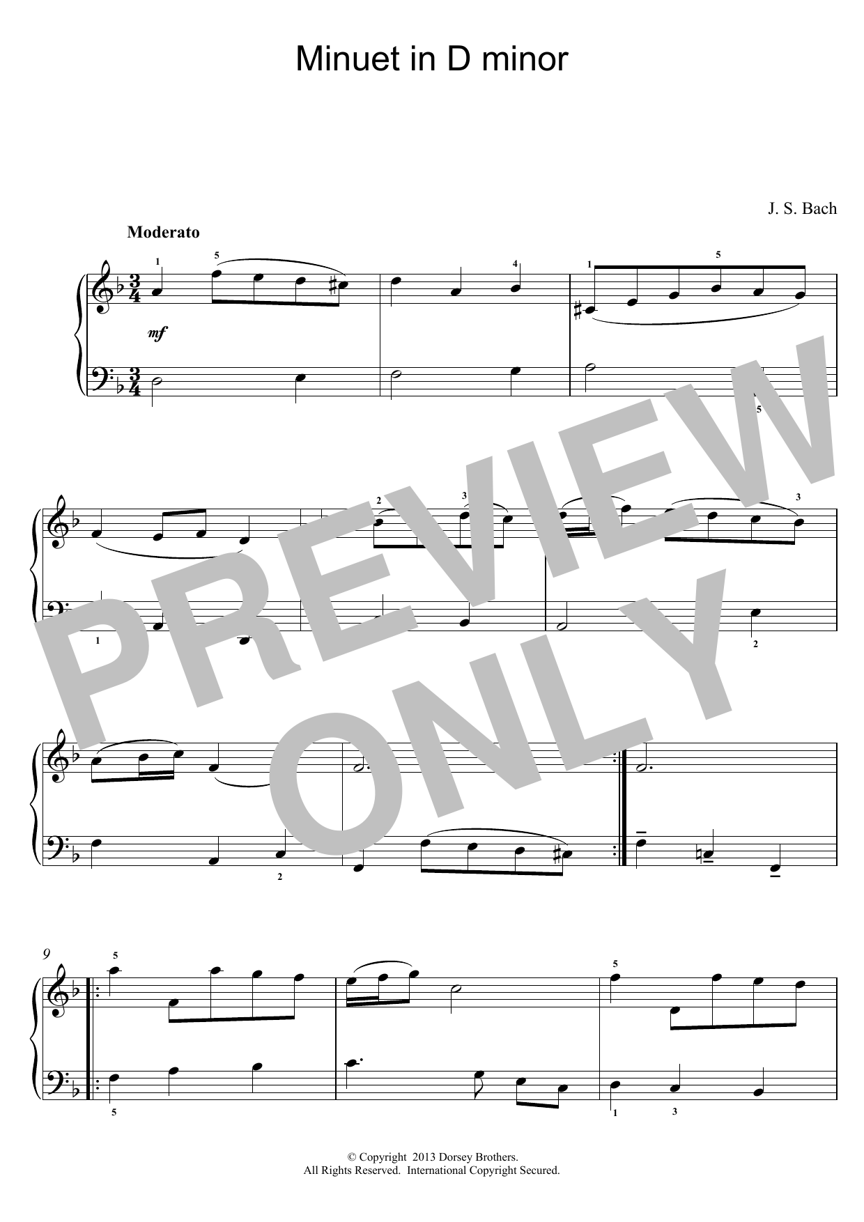 Johann Sebastian Bach Minuet In D Minor sheet music notes printable PDF score