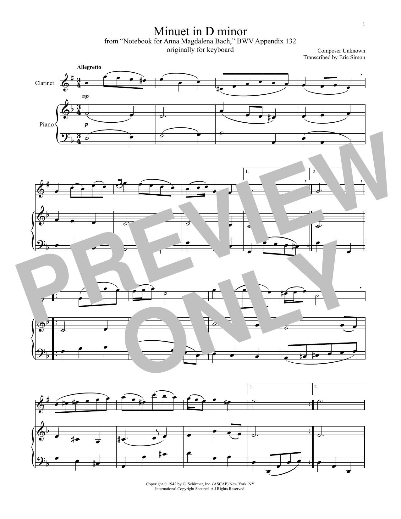 Download Anonymous Minuet In D Minor, BWV Appendix 132 Sheet Music