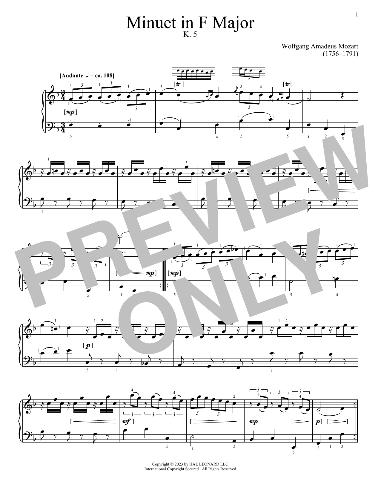 Wolfgang Amadeus Mozart Minuet In F Major sheet music notes printable PDF score