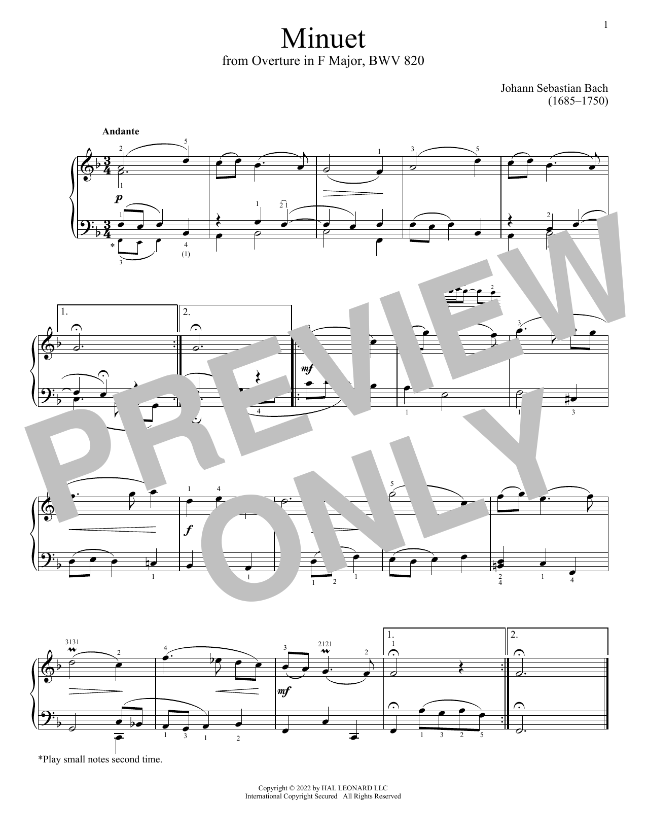 Download Johann Sebastian Bach Minuet In F Major, BWV 820 Sheet Music