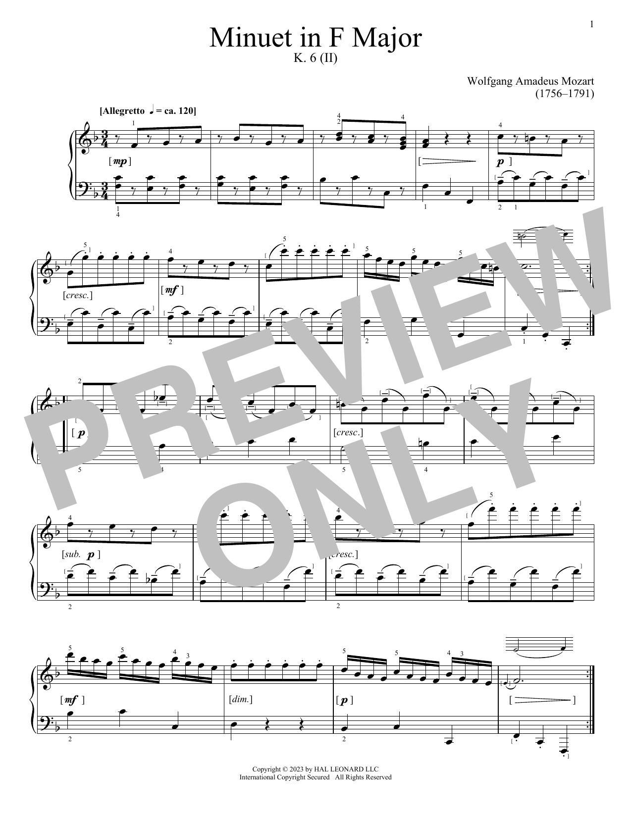 Download Wolfgang Amadeus Mozart Minuet in F Major, K. 6 (II) Sheet Music
