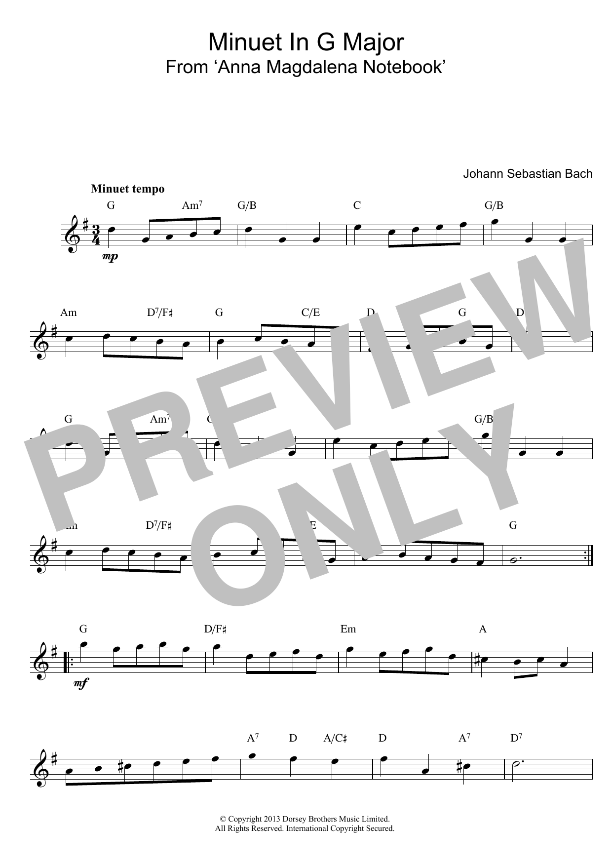 Download Johann Sebastian Bach Minuet In G Sheet Music