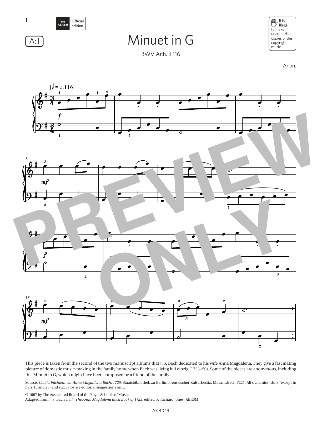 Download Anon Minuet in G (Grade 3, list A1, from the Sheet Music