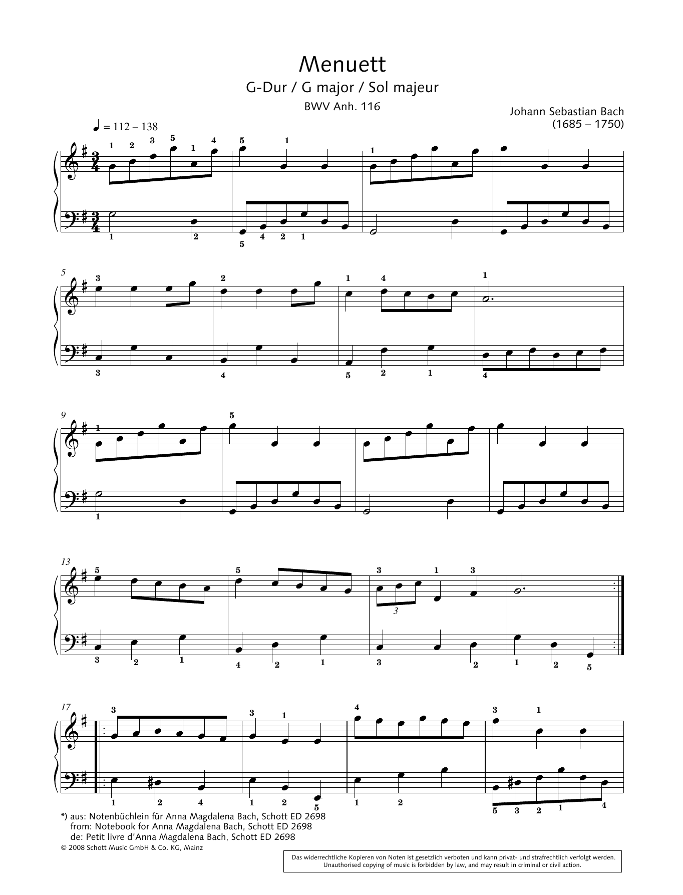 Download Johann Sebastian Bach Minuet in G major, BWV Anh. 116 Sheet Music