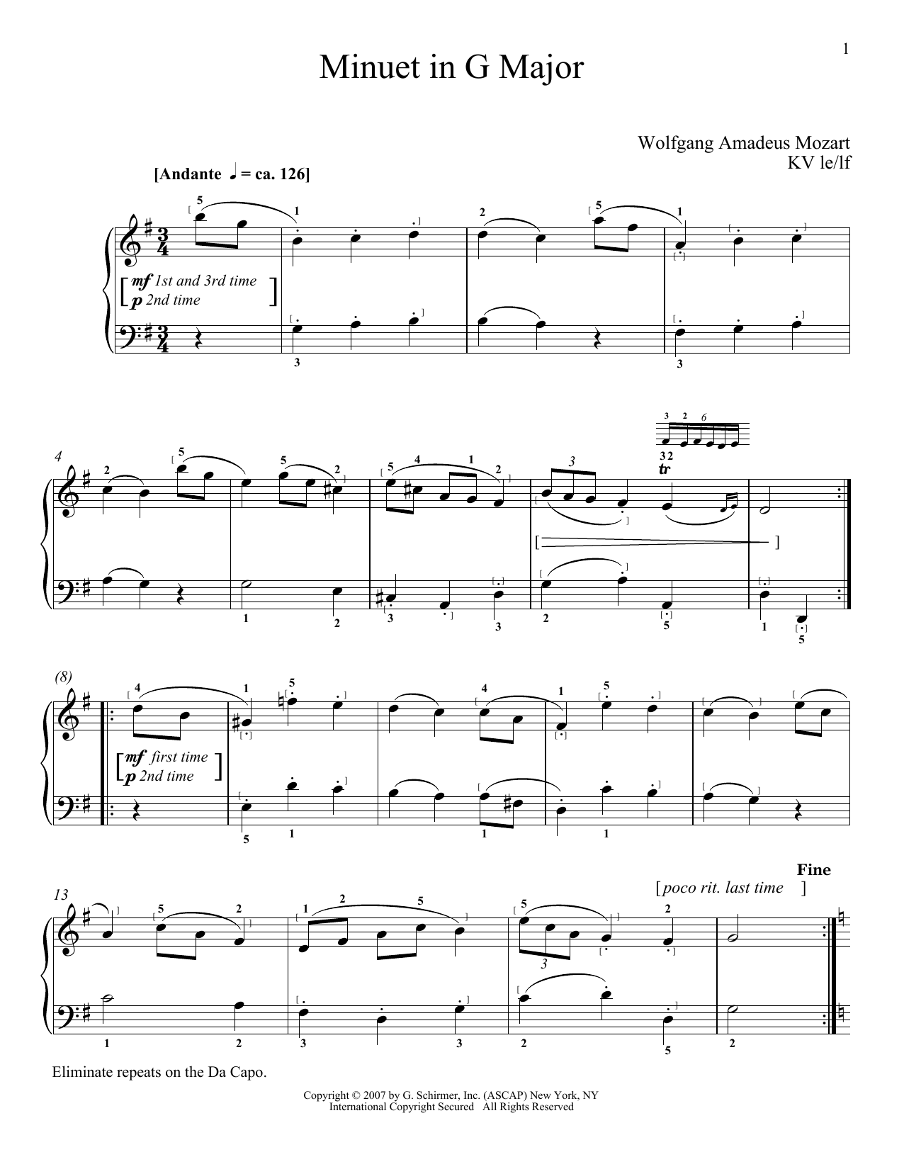 Download Wolfgang Amadeus Mozart Minuet In G Major, K. 1 Sheet Music