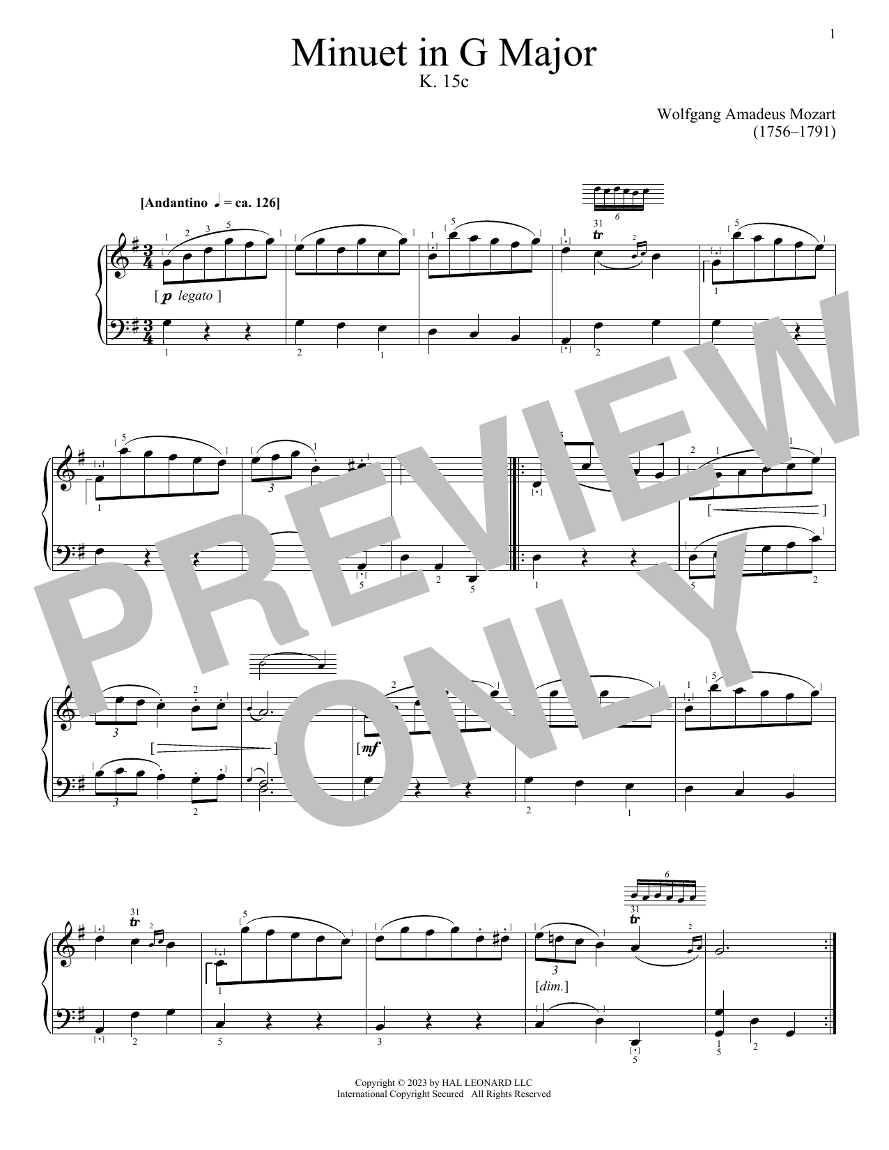 Download Wolfgang Amadeus Mozart Minuet in G Major, K. 15c Sheet Music