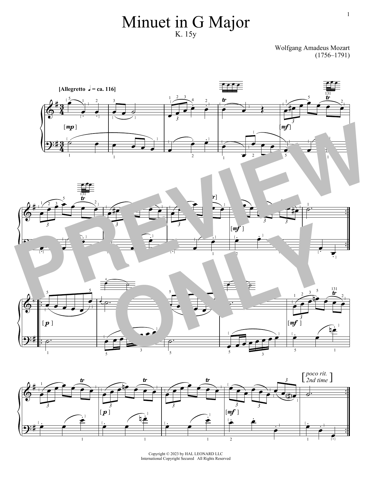 Download Wolfgang Amadeus Mozart Minuet in G Major, K. 15y Sheet Music