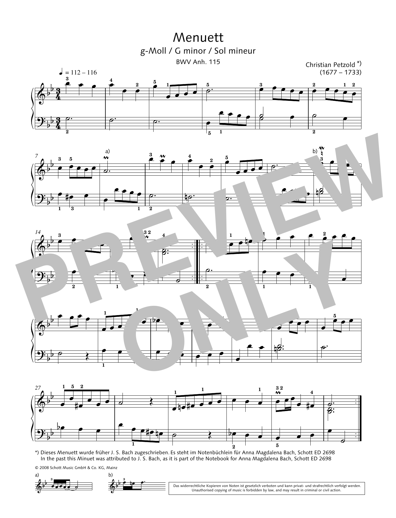 Christian Petzold Minuet In G Minor, BWV Anh. 115 sheet music notes printable PDF score