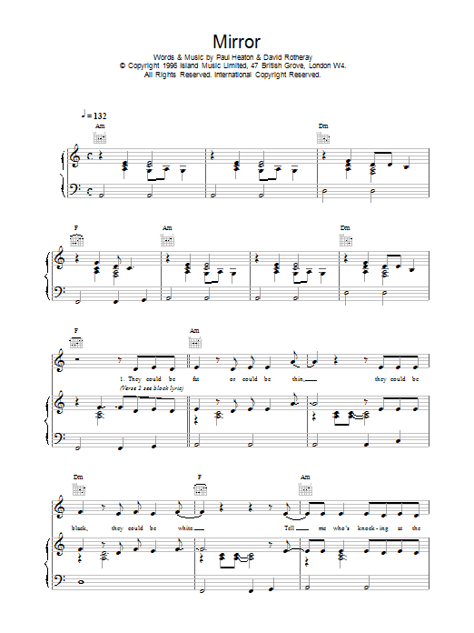 The Beautiful South Mirror sheet music notes printable PDF score