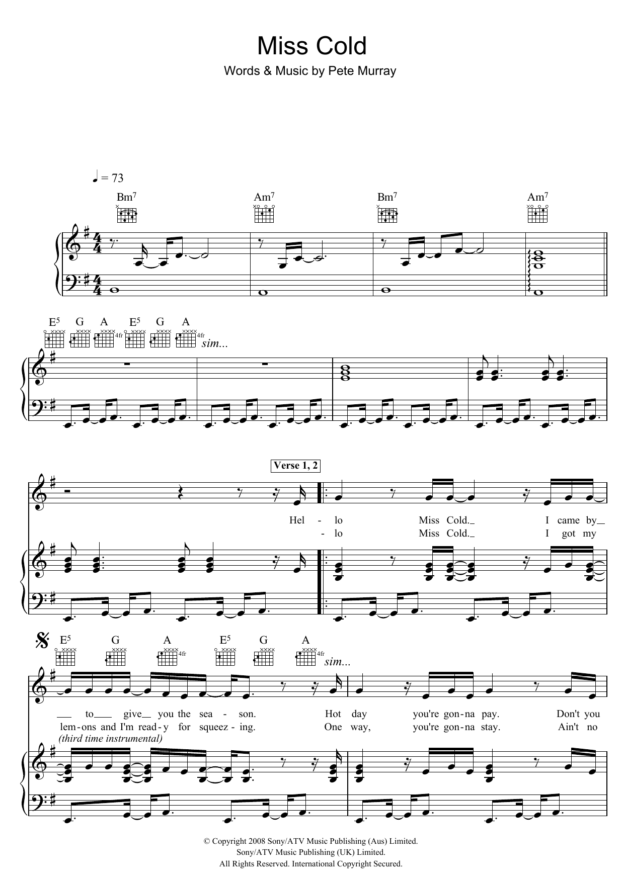 Download Pete Murray Miss Cold Sheet Music