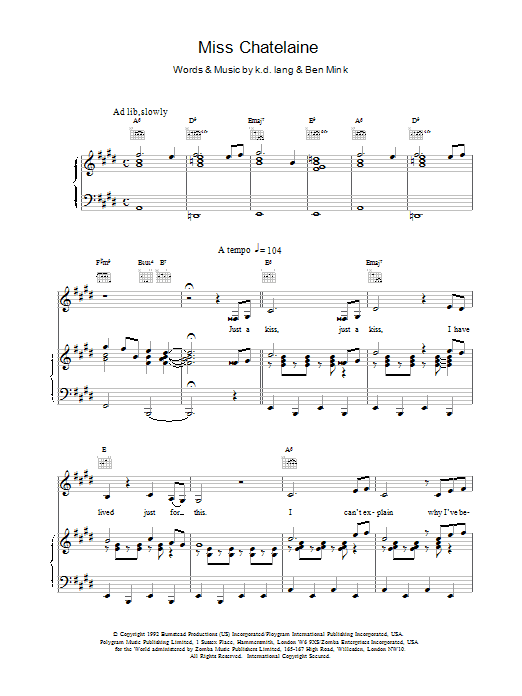 k.d. lang Miss Chatelaine sheet music notes printable PDF score