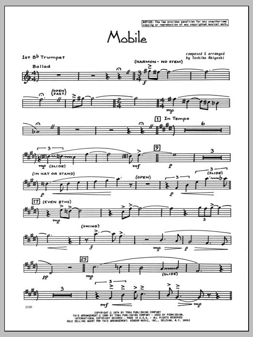 Download Toshiko Akiyoshi Mobile - 1st Bb Trumpet Sheet Music
