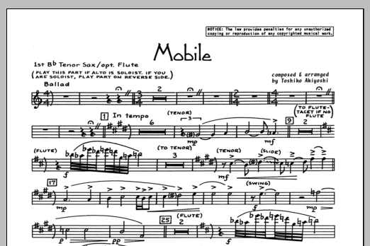 Download Toshiko Akiyoshi Mobile - Tenor Sax 1 (Opt. Flute) Sheet Music