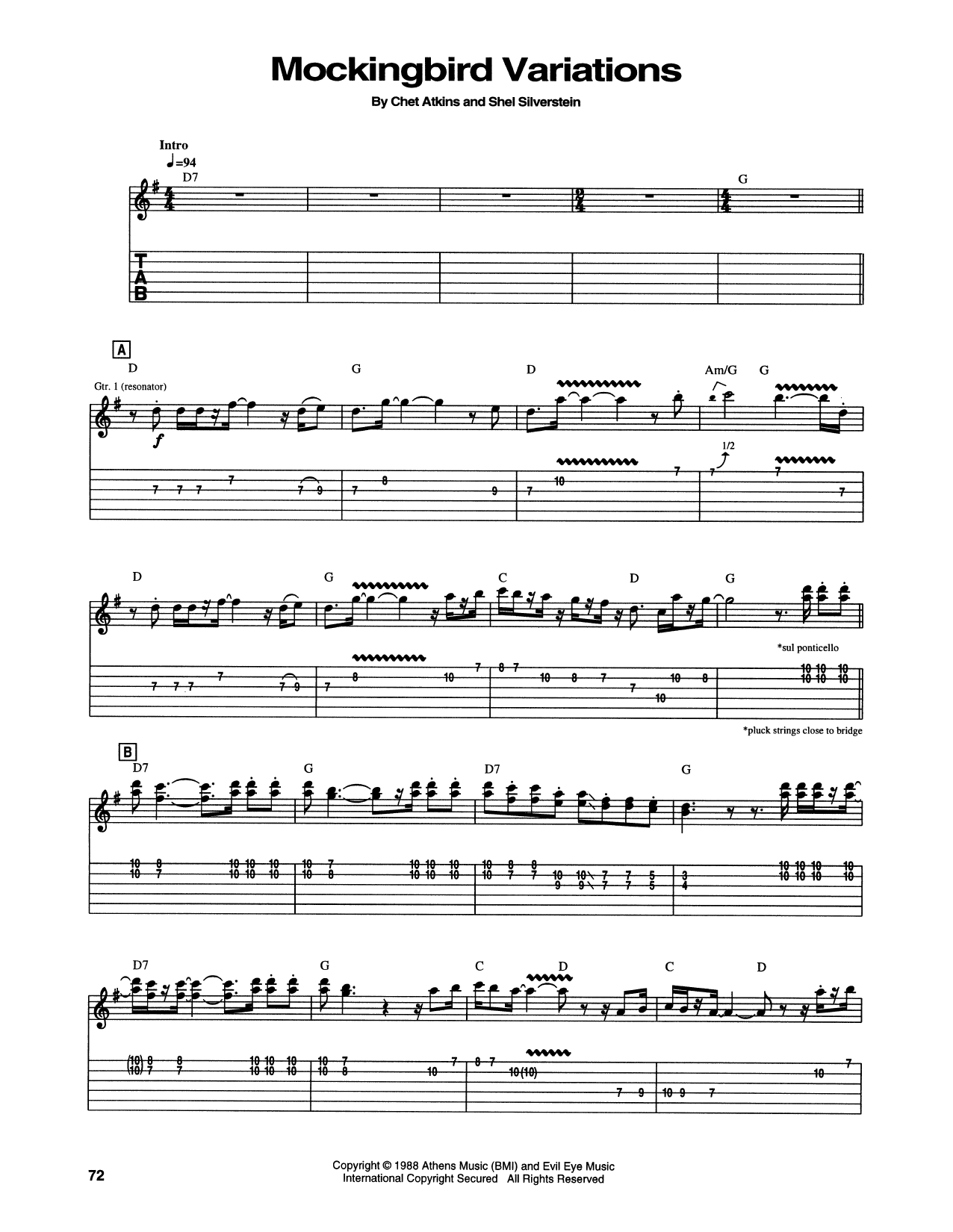 Download Chet Atkins Mockingbird Variations Sheet Music