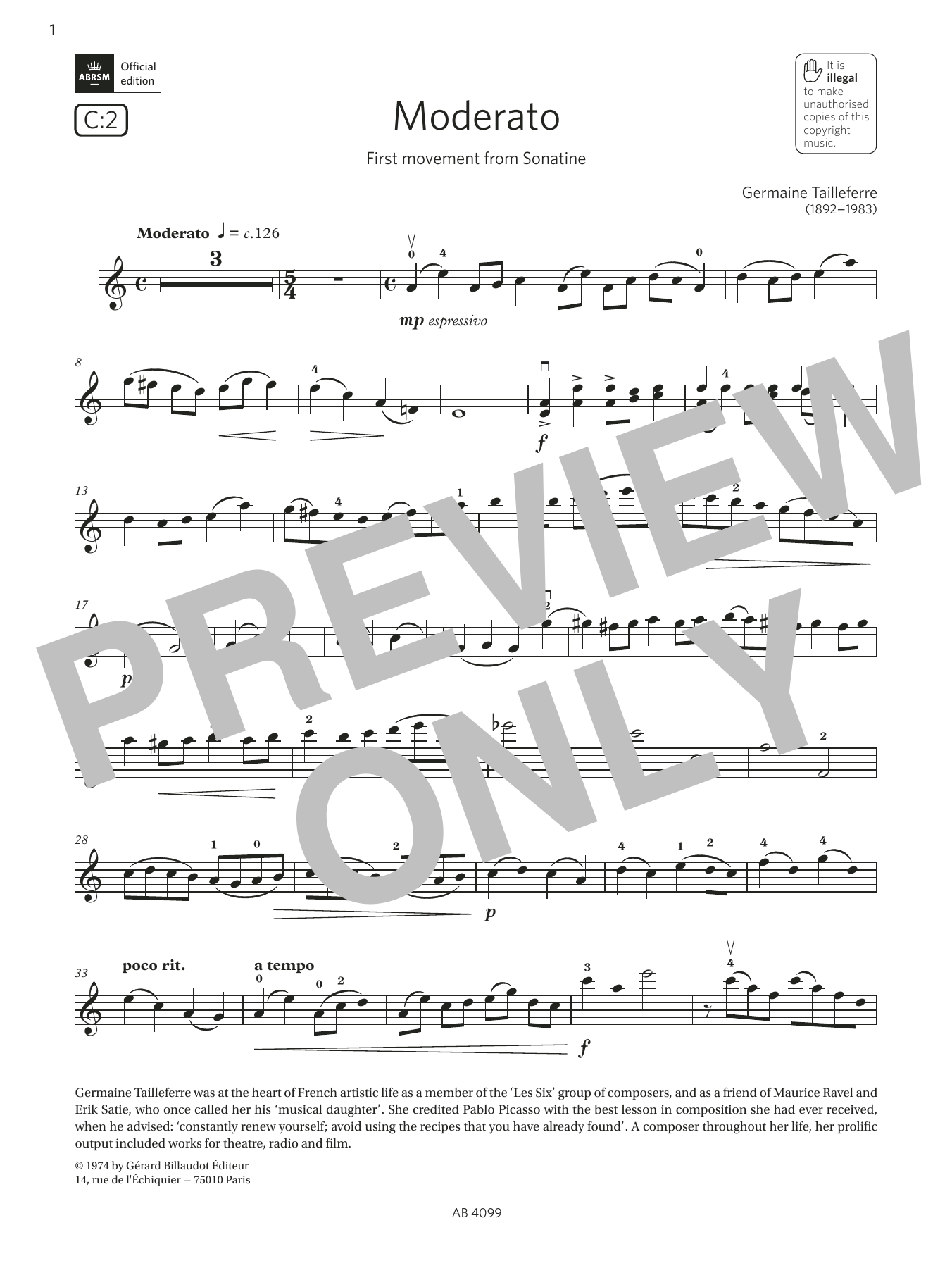 Download Germaine Tailleferre Moderato (Grade 5, C2, from the ABRSM V Sheet Music