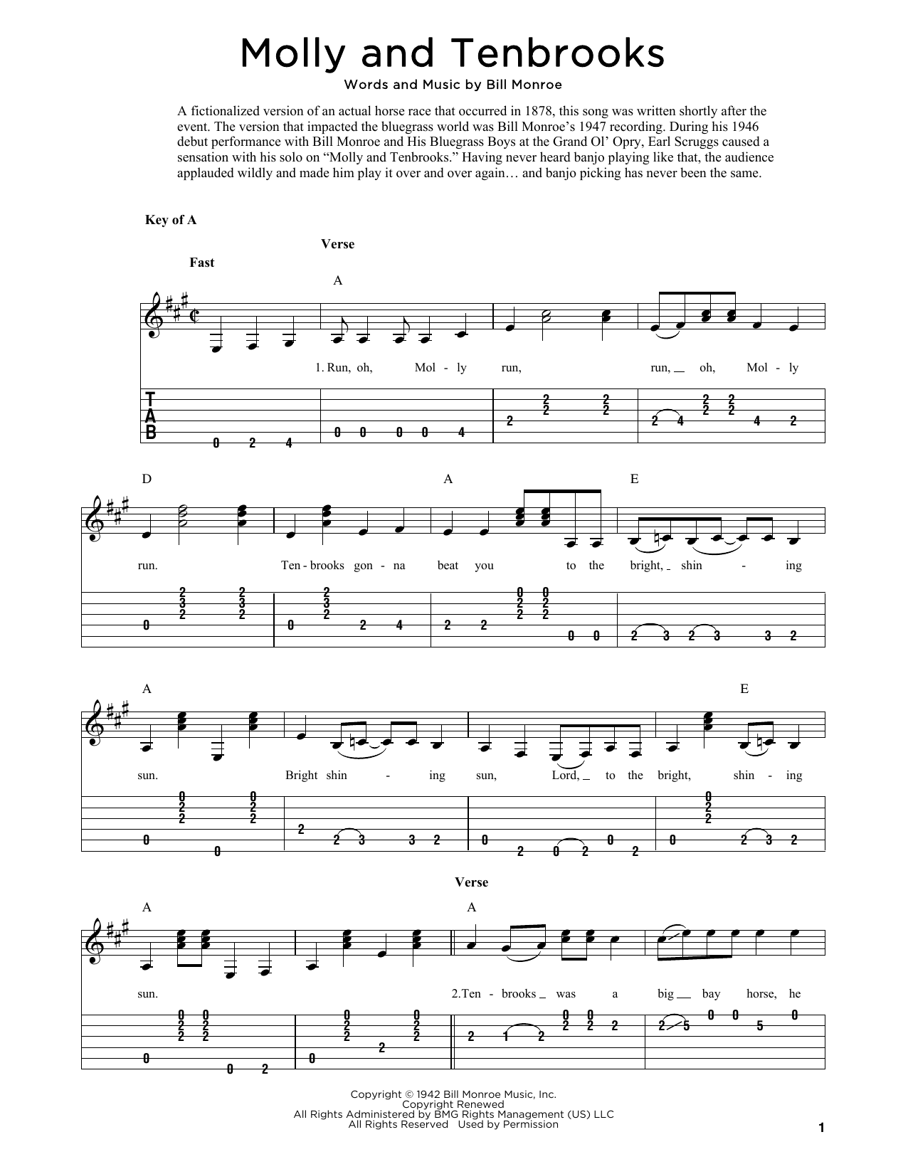 Download Bill Monroe Molly And Tenbrooks (arr. Fred Sokolow) Sheet Music