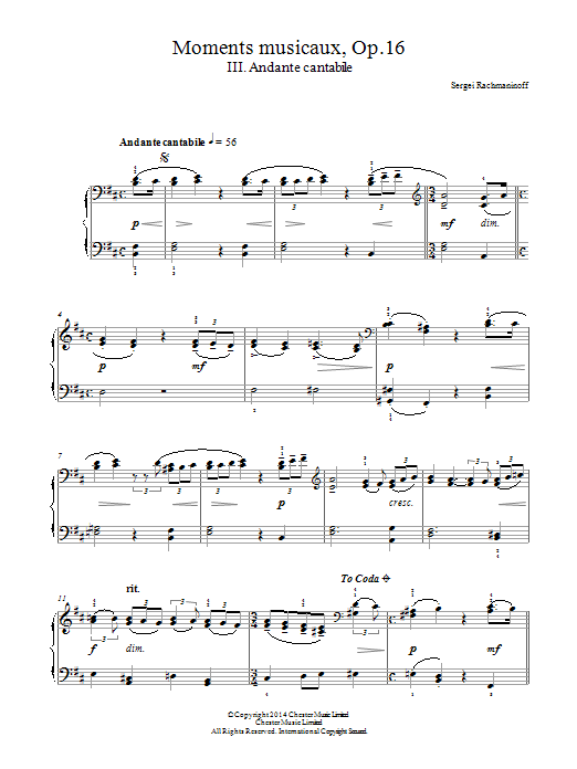 Download Sergei Rachmaninoff Moments musicaux Op.16, No.3 Andante ca Sheet Music