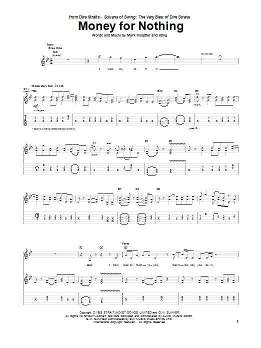 Download Dire Straits Money For Nothing Sheet Music